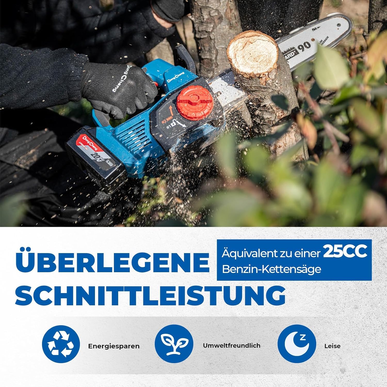 DongCheng Akku Kettensäge 20V, bürstenloser Motor, 12 m/s Kettengeschwindigkeit, 30cm OREGON-schwert/-kette, werkzeuglose Kettenspannung, automatische Kettenschmierung, inkl. 2x4,0 Akku & Ladegerät