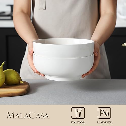 Miniatura 3 de MALACASA Cuencos para ensalada  Juego de 2 cuencos grandes de 60 onzas (8 pulgadas), cuencos blancos para cocina, sopa, pasta y cena, juego de