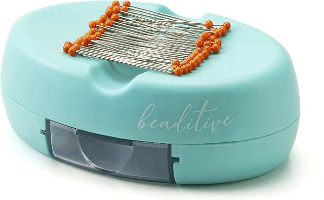 Beaditive Magnetic Pin Cushion with Drawer - Strong Magnet Pin Holder Cushion for Sewing - 50 Glass Head Quilting Pins Included - Chic Pincushion Caddy for Sewing Pins, Paper Clips, Screws  Turquoise