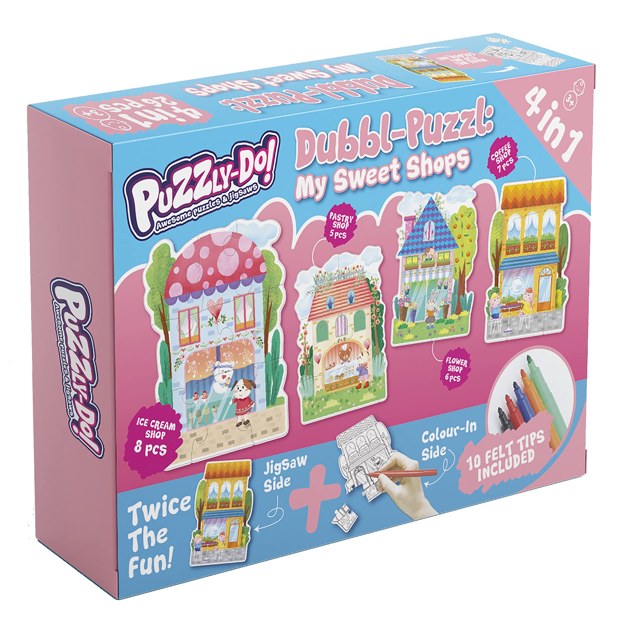 Dubbl-Puzzl My Sweet Shops. Four Large Flip Over Jigsaws With 10 Felt Tip Colouring Pens. Double-sided Jigsaw Puzzles For Kids Age 3 Years And Up.