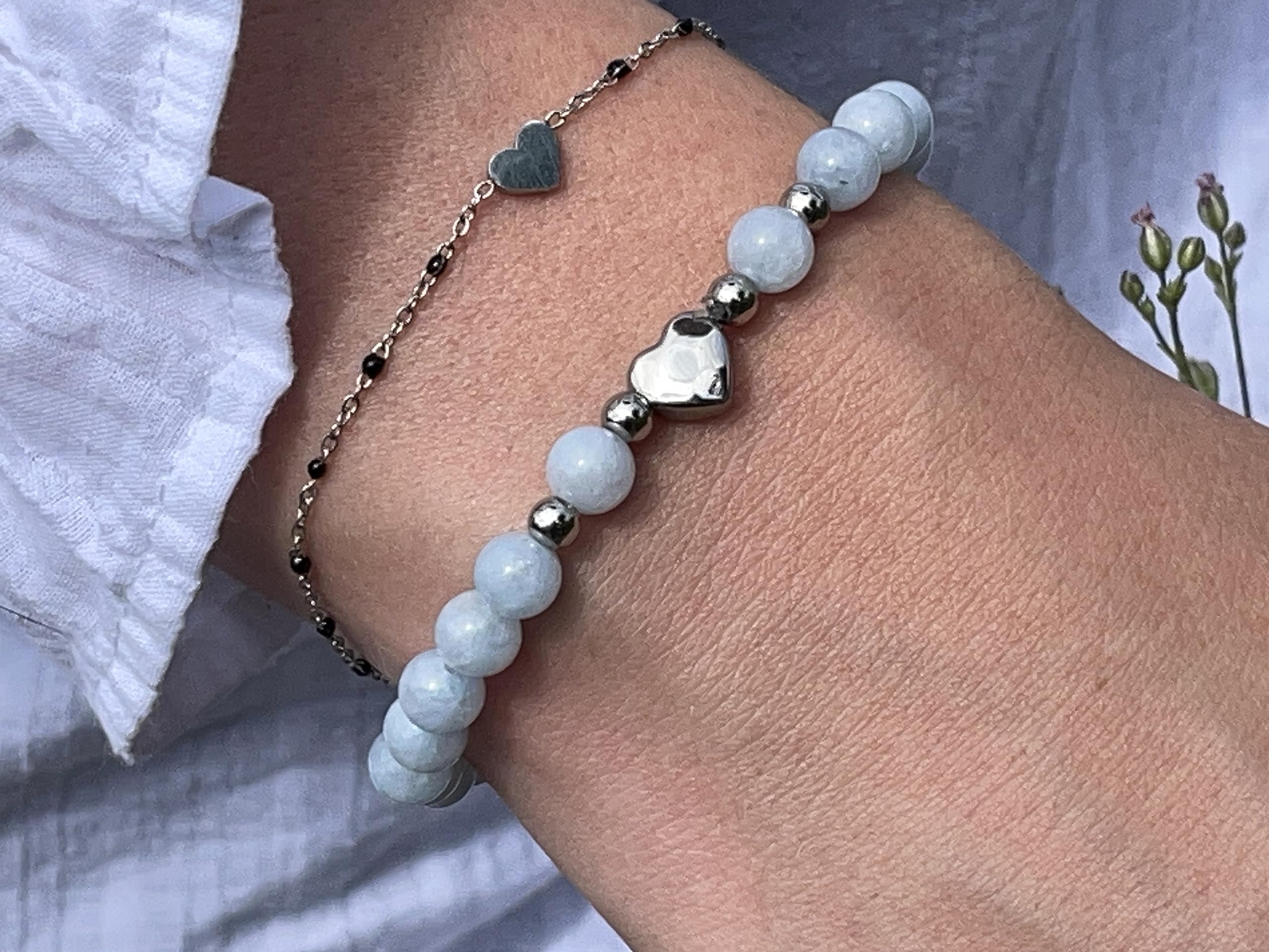 Aquamarin Armband Perlen echt 6mm Herz Edelstahl Silber Gold Roségold oder ionisiert - Handmade Perlenarmband Selbstbewusstsein Liebe Glück Frieden - Spiritueller Schmuck Damen Mädchen