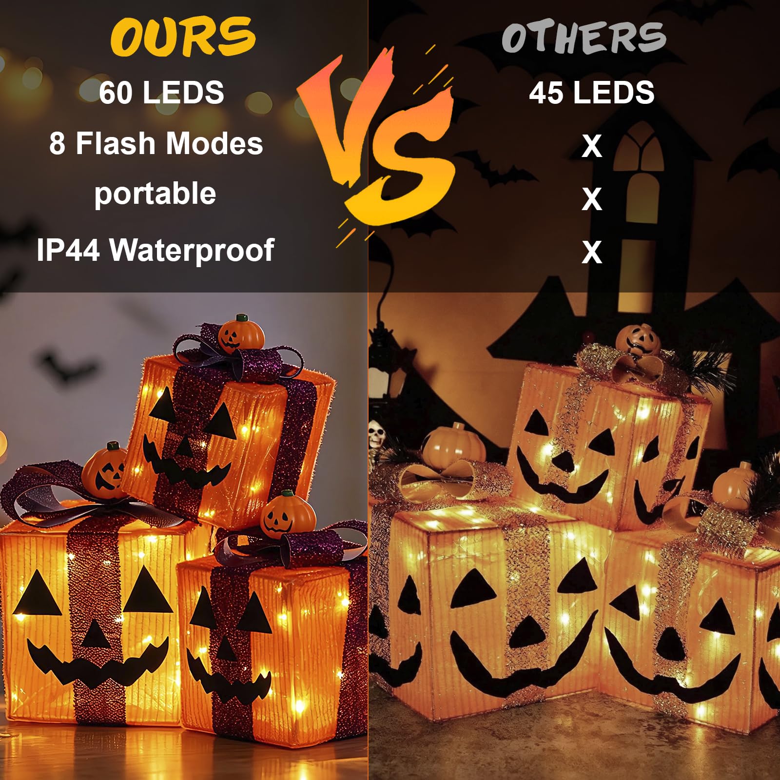 Scatole regalo di Halloween, decorazioni per luci, 3 pezzi, alimentate a batteria, con luci LED calde, per interni ed esterni, cortile, portico, giardino, decorazione