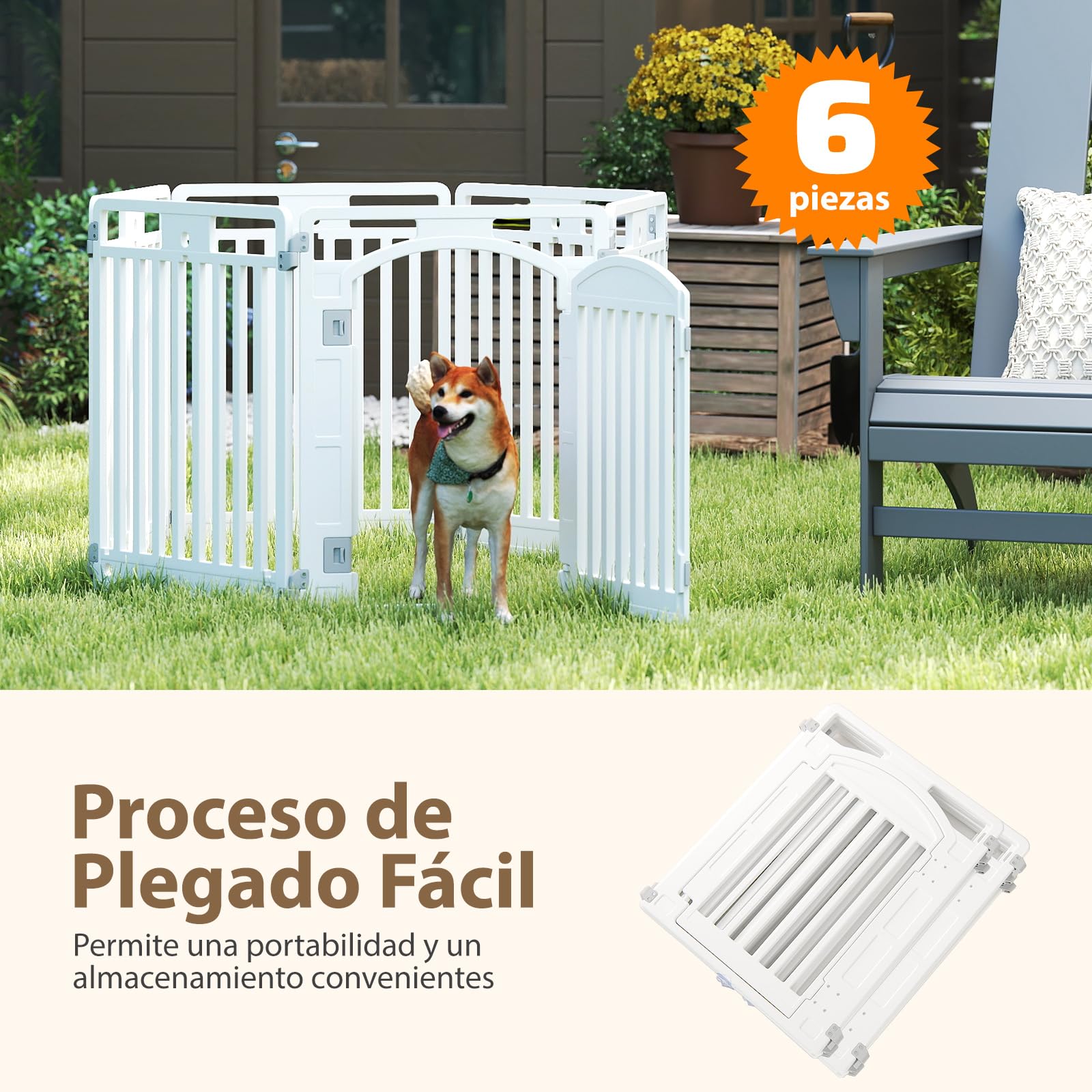 GYMAX Valla para Perros, Cercado Portátil de 6 Paneles HDPE, para Cachorros y Mascotas Medianas, con Segura Cerradura, Ventosas y Estacas, Altura 81cm, Uso Interior/Exterior, Blanco