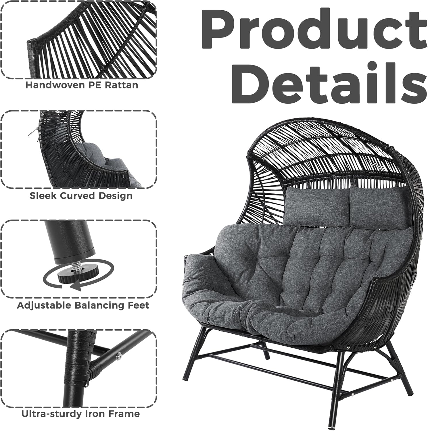 IRONCK Egg Chair Outdoor, Double Wicker Egg Lounge Chair, Upgraded Feet, Handrest and Padded Cushion, 700Lbs, Oversized Loveseat for Backyard, Patio, Living Room, Gray