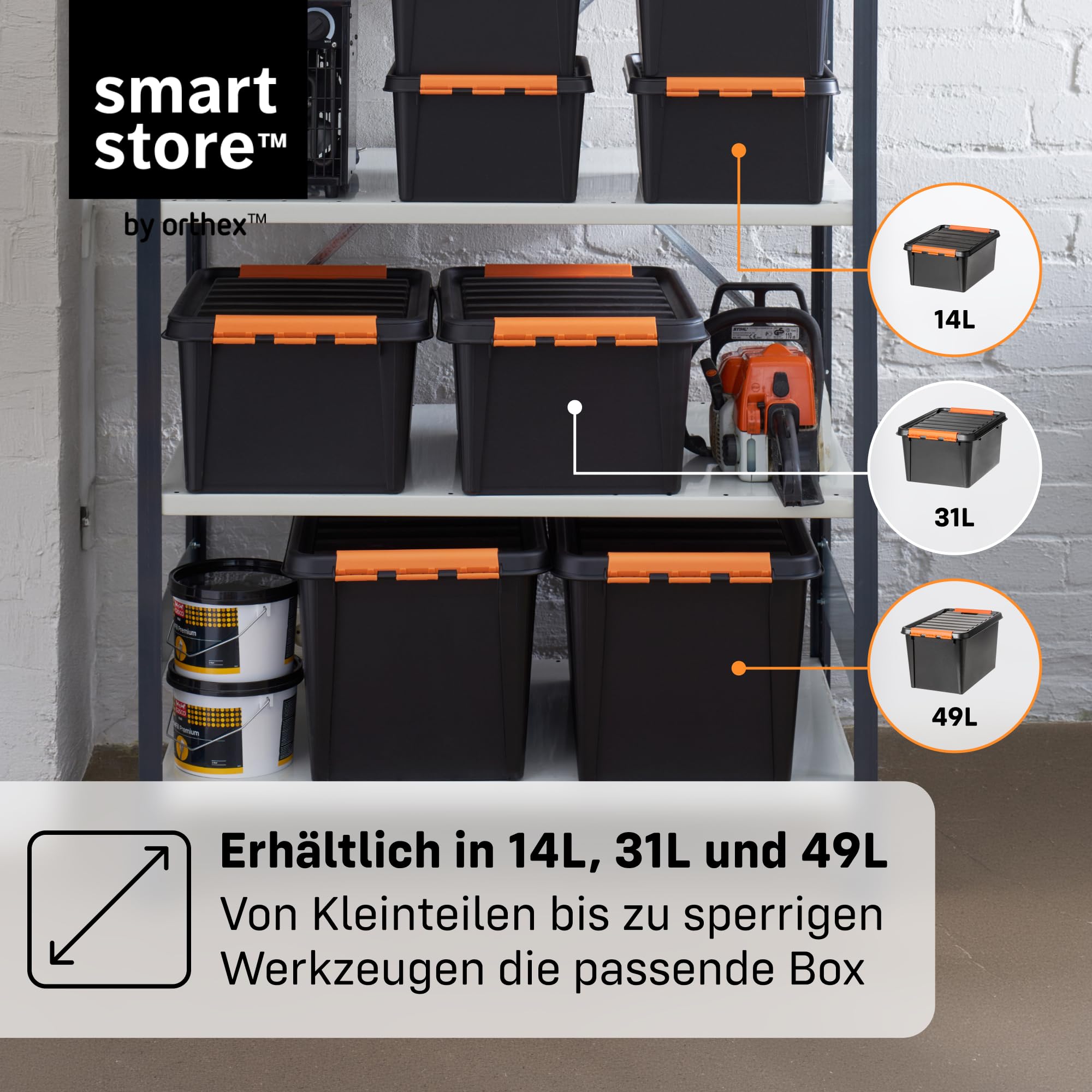 SmartStore Extrem robuste Kunststoff-Aufbewahrungsbox mit Deckel I 49 Liter I Für Garage, Regale, Umzug I 4er Set Stapelboxen mit Clipverschluss I Werkzeugaufbewahrung I BPA-frei I 59 x 39 x 34 cm