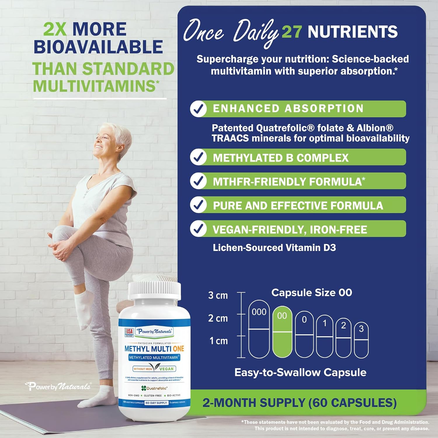 Power By Naturals Methyl Multi One – Iron-Free Methylated Multivitamin with Methyl B12, 5-MTHF, CoQ10 & Zinc – Methylation Support for Men & Women – 120 Capsules, 2-Pack (4-Month Supply)