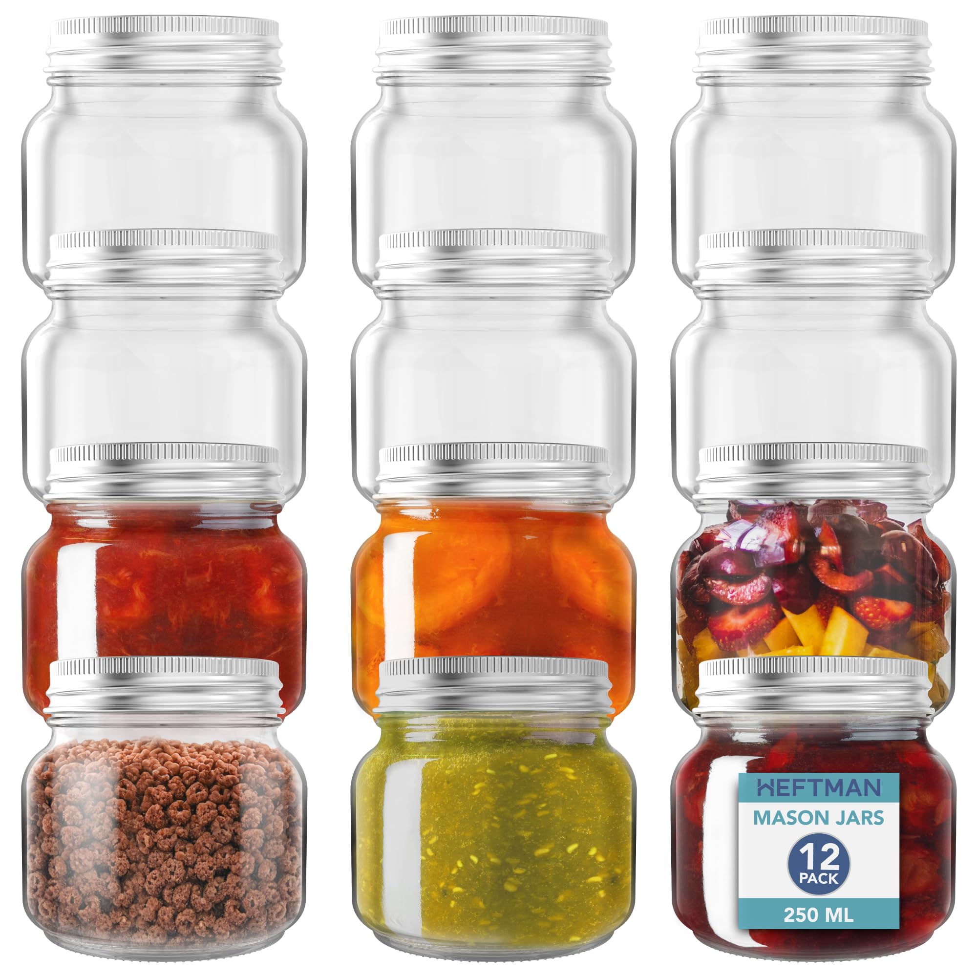 HEFTMAN Glass Mason Jars with Lids - Set of 12 250ml Air Tight Jars for Overnight Oats, Homemade Jam - Sturdy Glass Jars with Lids for Pickling, Preserving, Baby Food Storage (250ml)