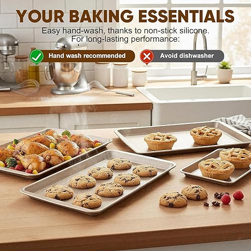 Miniatura 3 de Juego de 3 bandejas antiadherentes para hornear, bandejas de galletas resistentes para horno con patrón de textura de rayas, moldes de 0.024 in de