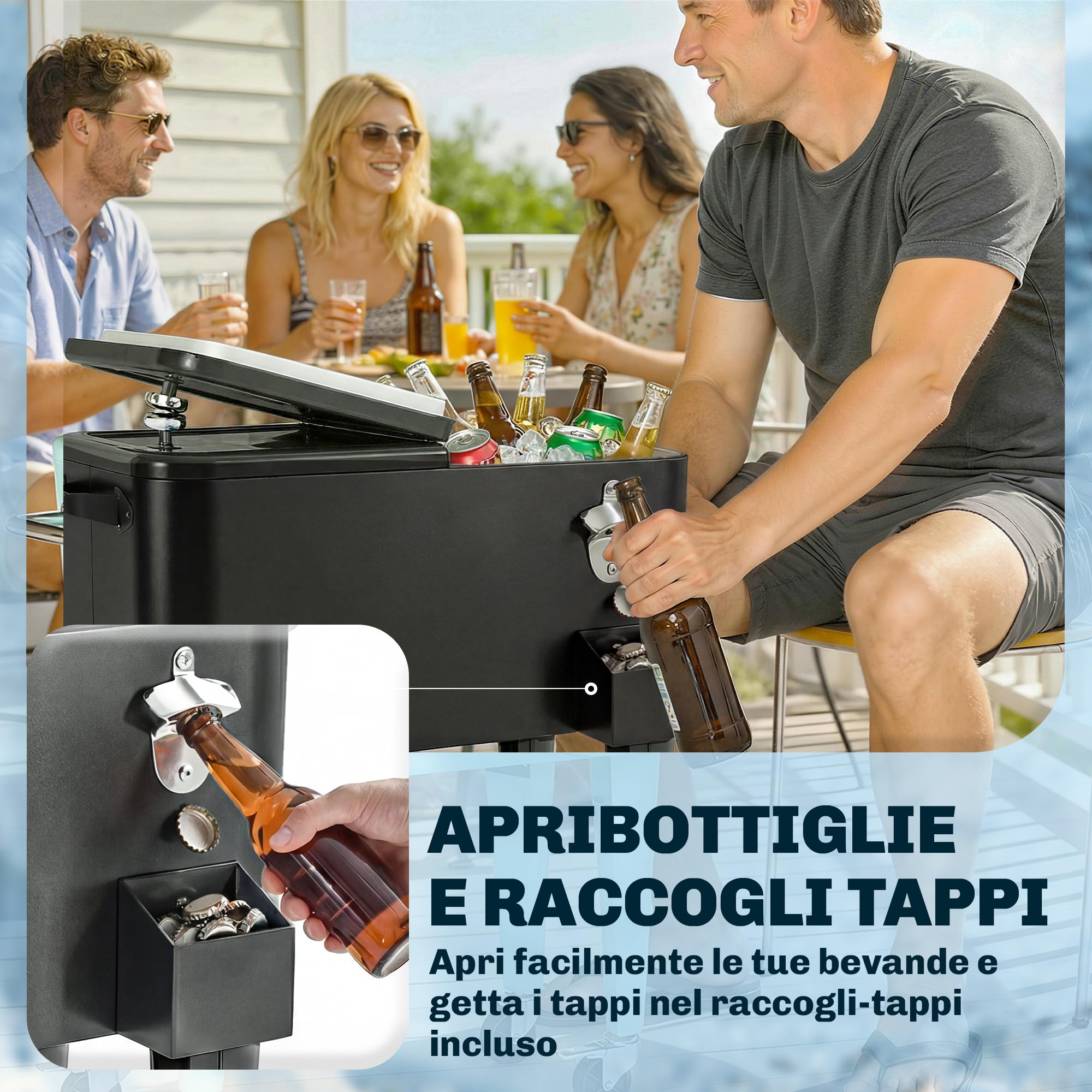 Outsunny Nevera de jardín de 76 l, carro para comida de jardín con estante, abrebotellas, ruedas bloqueables, archivador de tapones, portátil para bebidas, bar, patio y fiestas, color negro