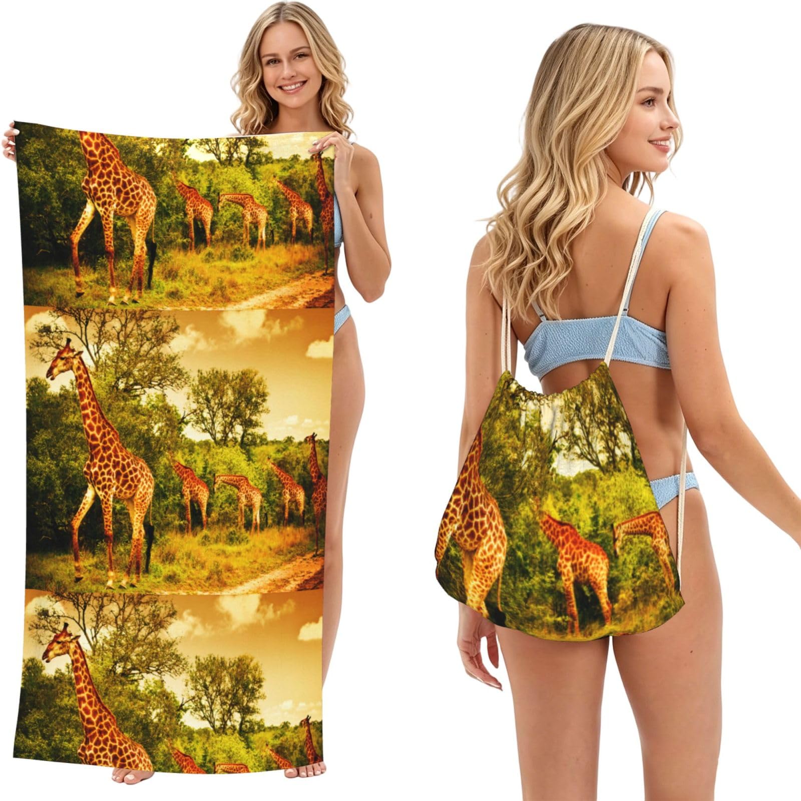 Poadnly As Picture Wild Giraffe, 2 In 1 Packable Towel Bag, Beach Towels With Drawstring Backpack For Travel Holiday Camping