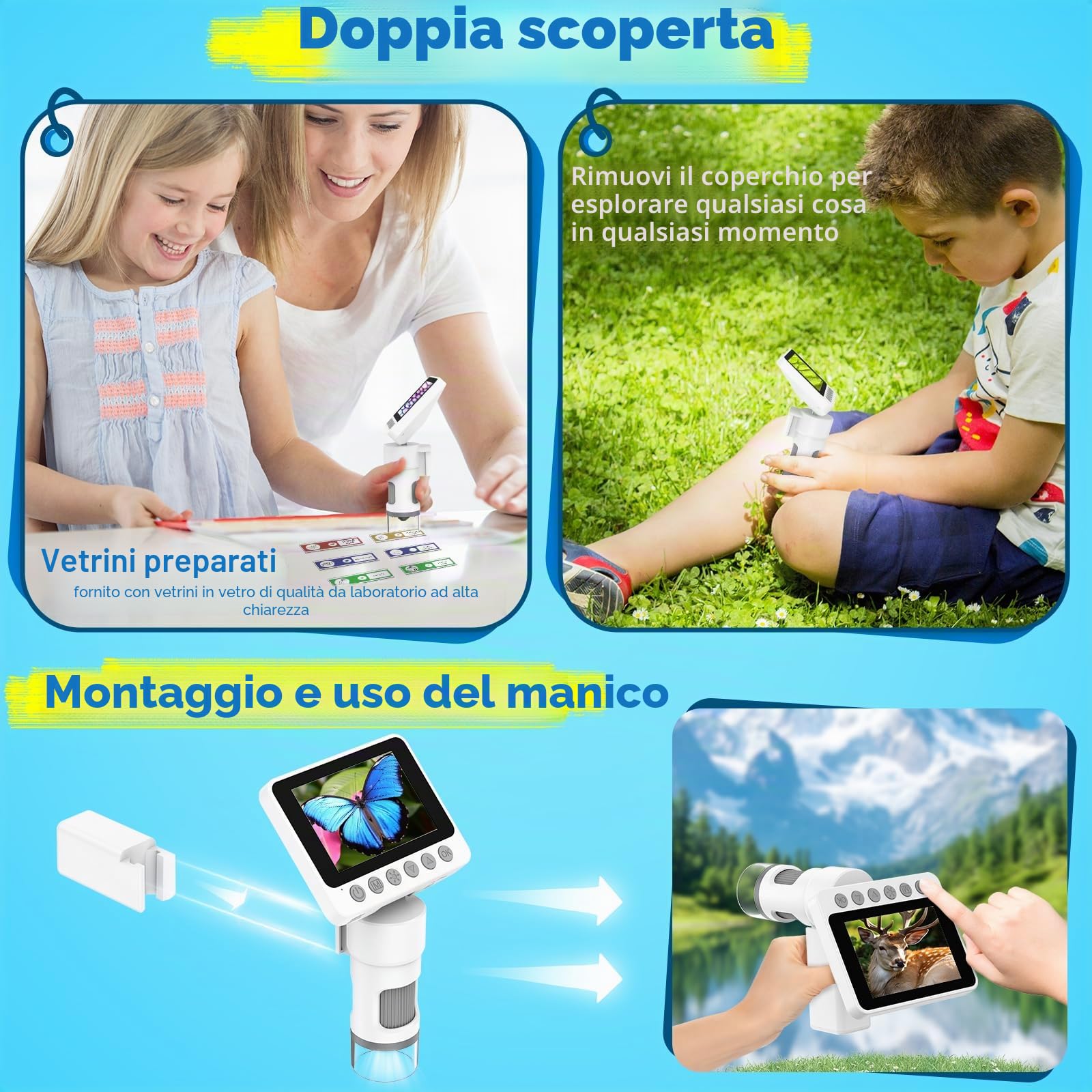 Microscopio tascabile digitale portatile per bambini, 1000X lente d'ingrandimento con luce per monete, gioielli, lettura, scienza, apprendimento