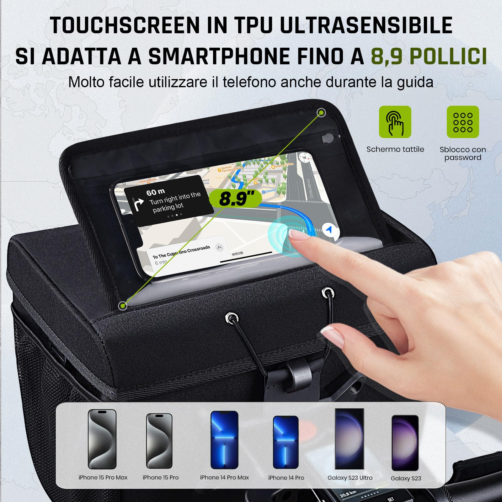 Borsa Manubrio Bici 8L Impermeabile - Con Porta Cellulare Touchscreen E Tracolla, Per Bici Ed E-bike
