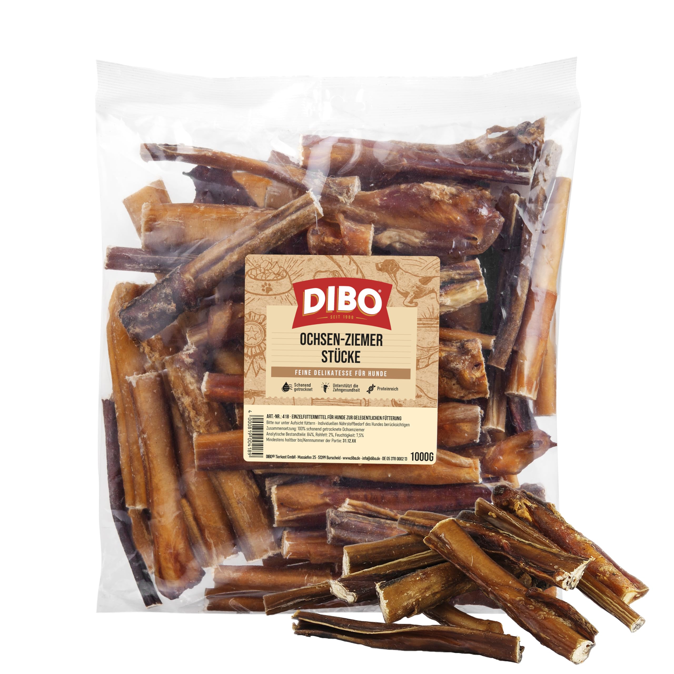 DIBO Ochsen-Ziemer, 12 cm, worek 1000 g, naturalna przekąska do żucia lub smakołyki, karma dla psów, wysokiej jakości produkt do żucia bez dodatków chemicznych 1 kg