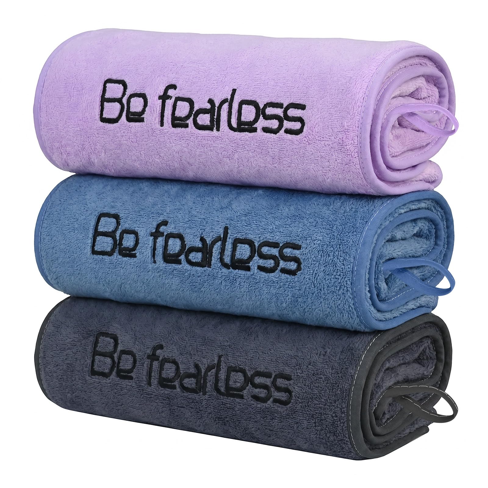 TW1TGOFT Microfibre Gym Towels for Men Women - 3Pack 80x40cm Sports Towel with Hanging Loop & Be fearless Embroidery, Fast Drying & Super Absorbent Sweat Towels for Workout Yoga Camping Travel