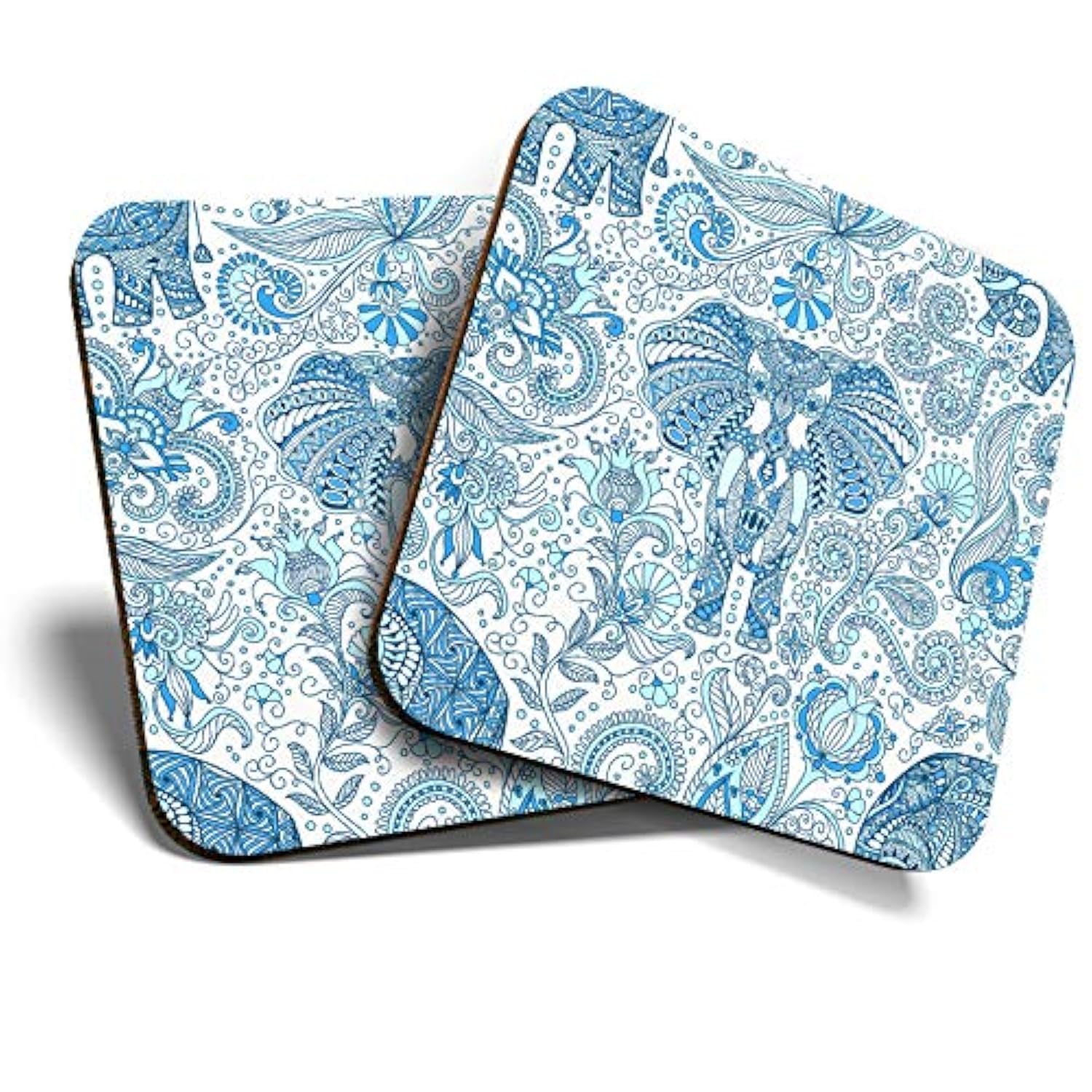 Destination Vinyl Ltd Multicolor Great Coasters (Set Of 2) Square/Glossy Quality Coasters/Tabletop Protection For Any Table Type - Blue Indian Elephants Pattern #8165