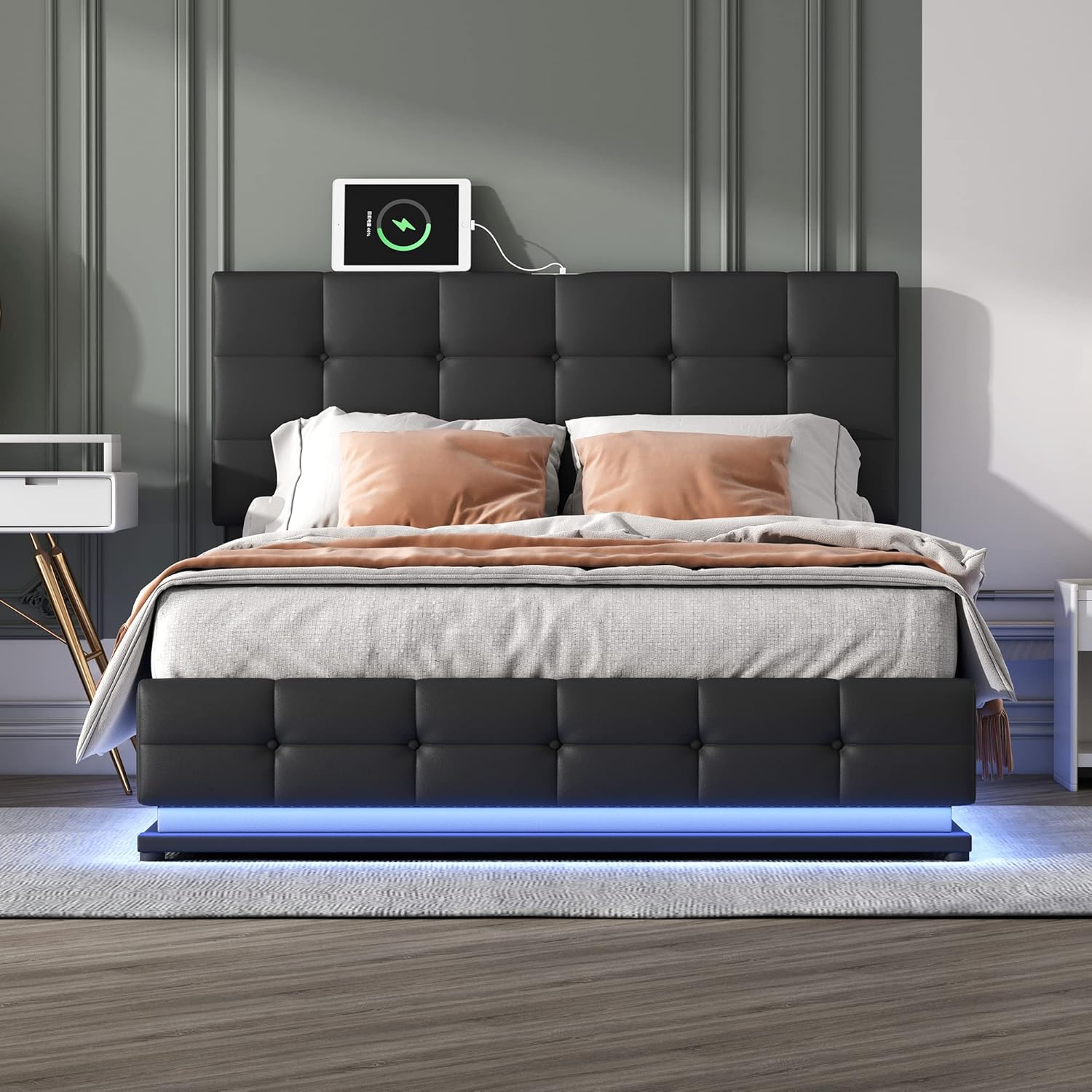 Queen Size Lift Up Storage Bed Faux Leather Headboard Platform Bed with Smart LED Lights and USB Port,Hydraulic Storage System for Kids Teens and Adults Bedroom, No Box Spring Needed (Black, Queen)