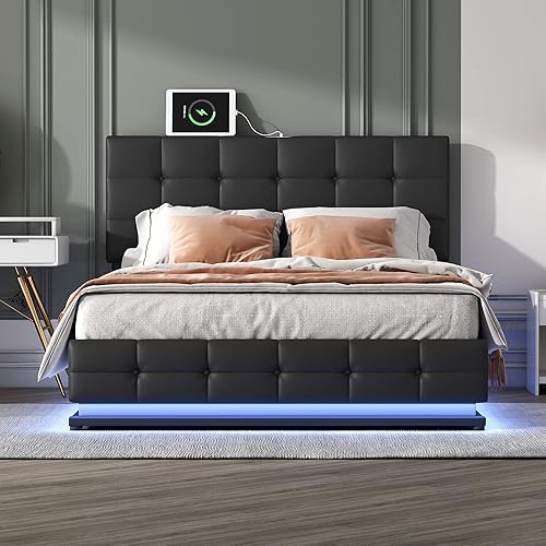 Miniatura 3 de Cama de plataforma tapizada tamaño Queen con luces LED y cargador USB plataforma de almacenamiento de poliuretano con sistema de almacenamiento