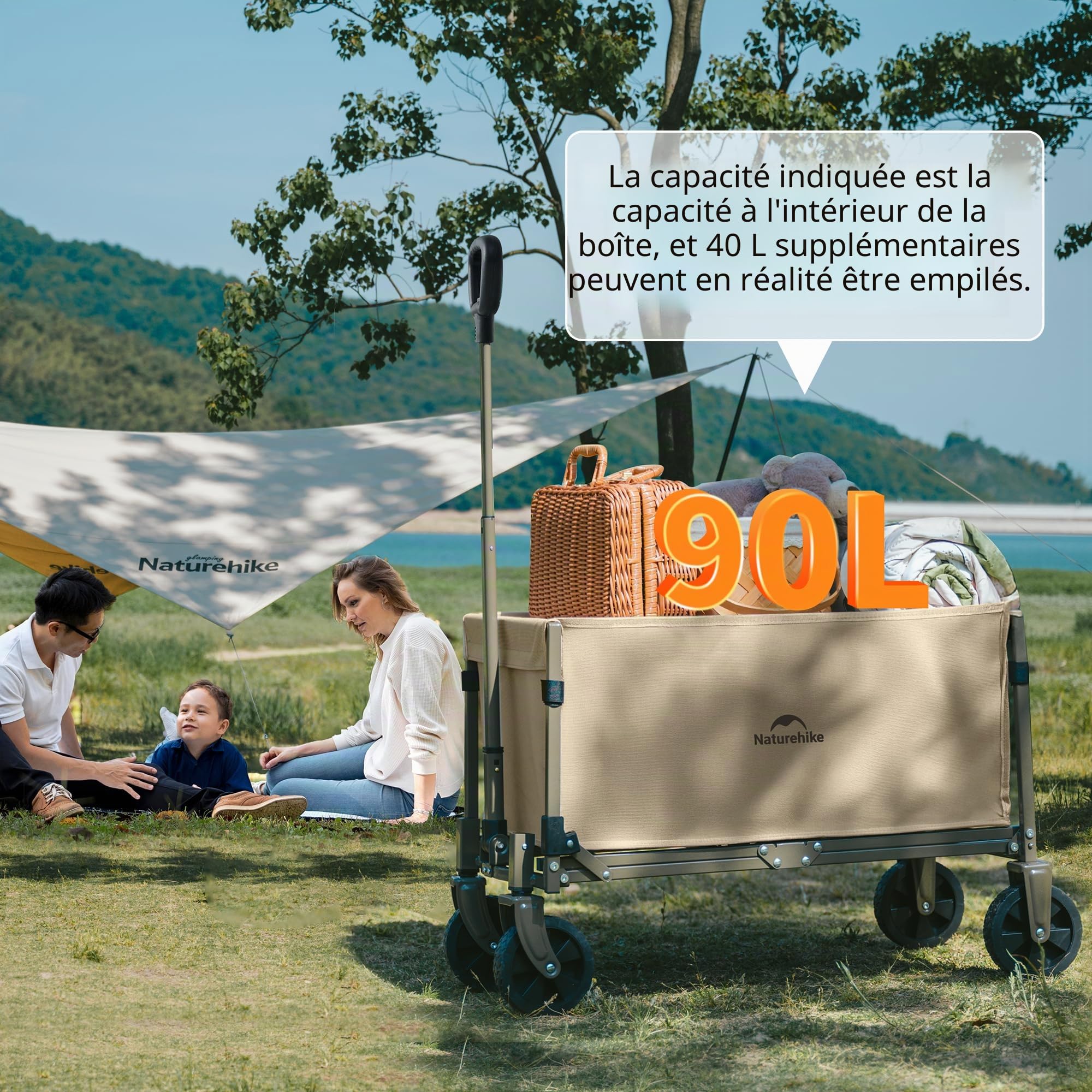 Naturehike Chariot à Main Pliable Charge maximale 120 kg Très Grande capacité en Plein air Pliable avec Chariot réglable pour Le Camping, Le Shopping, la Plage
