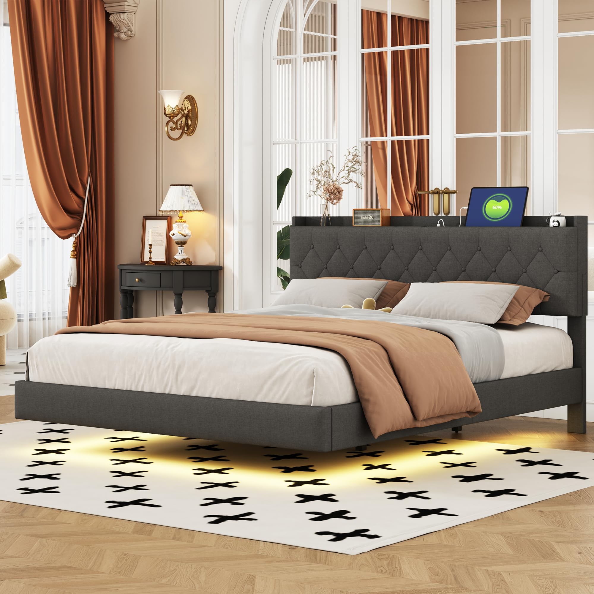 Polsterbett Schwebebett 160x200 mit LED-Beleuchtung, USB-Ladefunktion