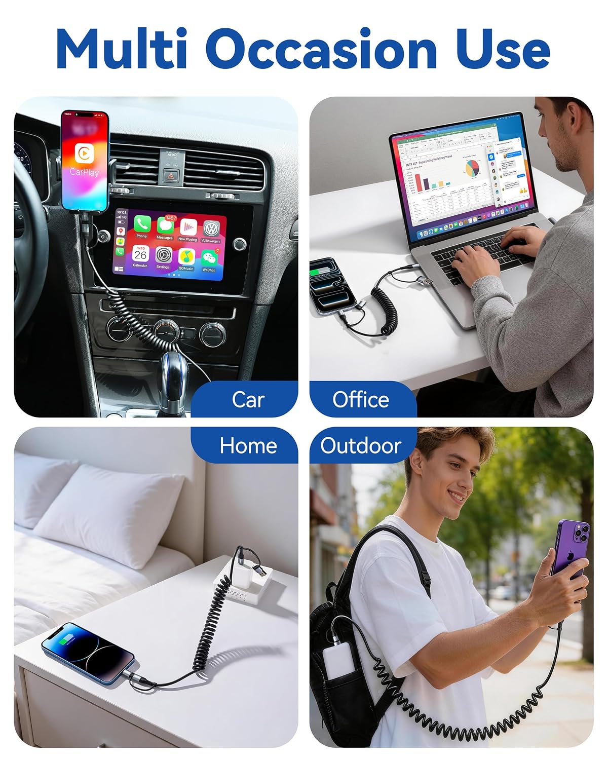 Miger Coiled USB C Cable,60W Short USB C to USB C Cable Fast Charging Cord,2Pack 4Ft Carplay Car Charger Type C and Lightning Cable 2 in 1 for iPhone 17/16/15/14/13/12/11/iPad/AirPods/MacBook/Samsung