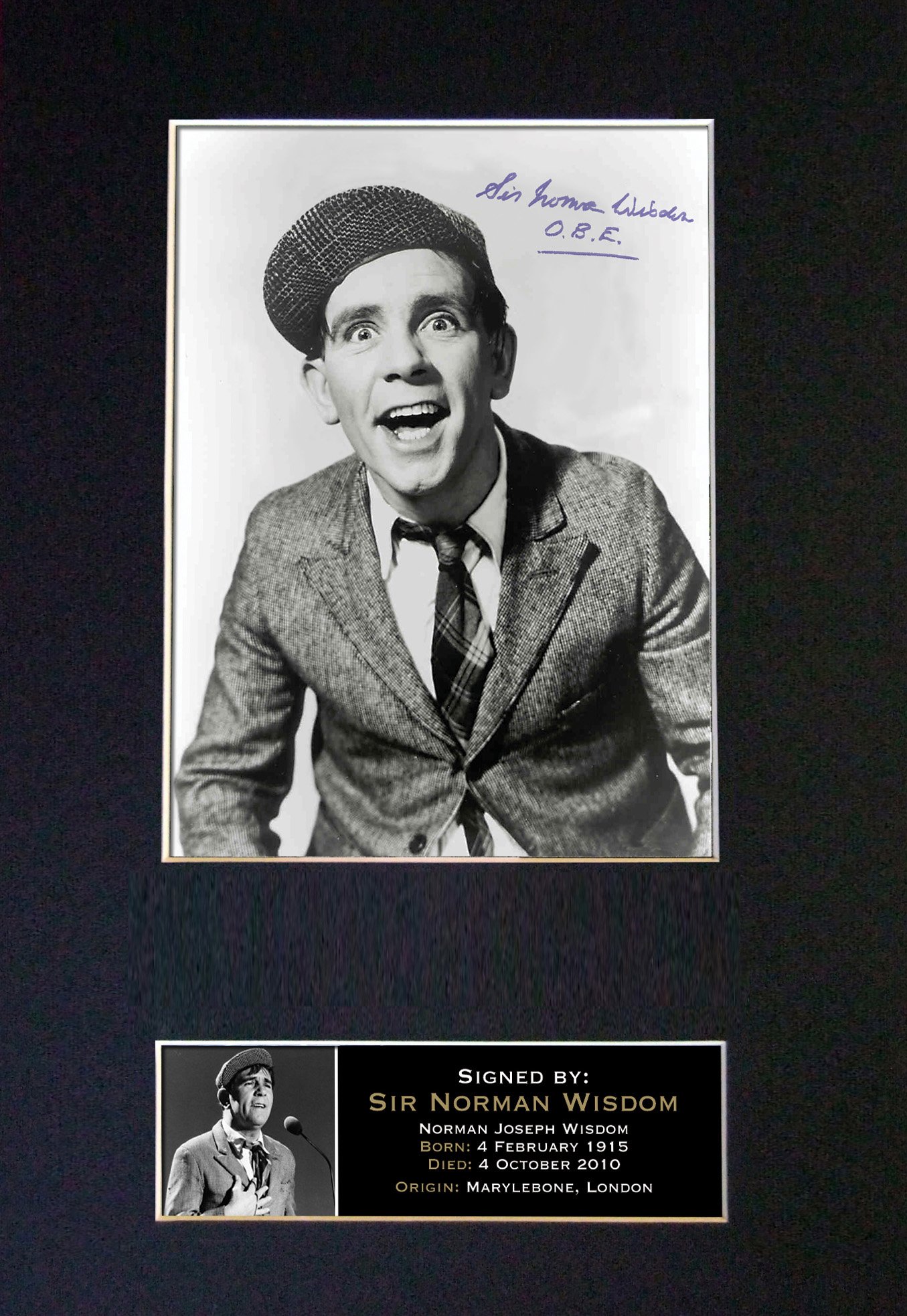 The Autograph Collector Gold,Black Norman Wisdom Signed Autograph Mounted Photo Reproduction Print A4 Rare (297 X 210Mm) #29 (Mount & Print (Not Framed))