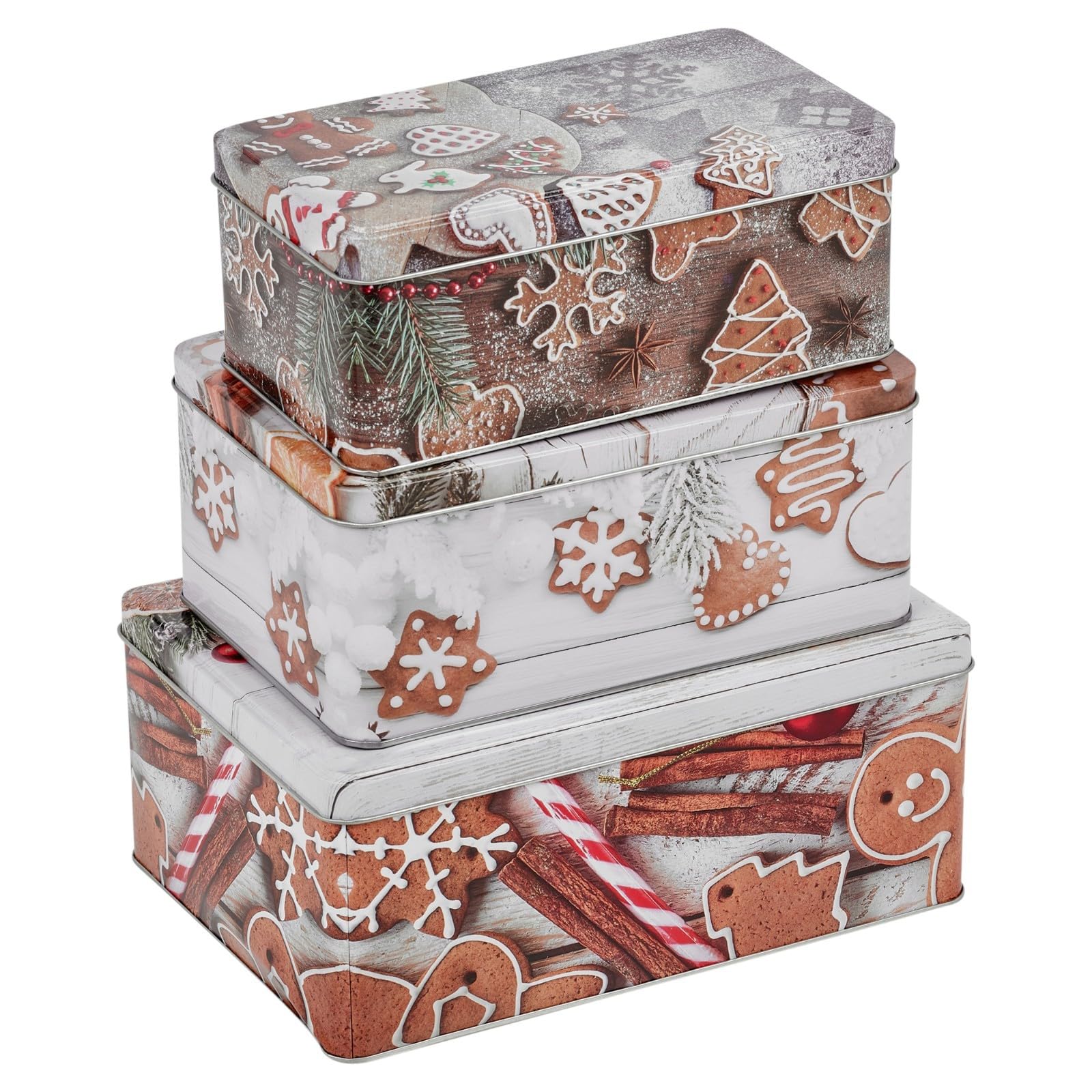 URBN-CHEF 3pcs Christmas Cookie and Cake Xmas Biscuit Storage Nesting Tin Set Square/Round (Rectangle, Cookie Design)
