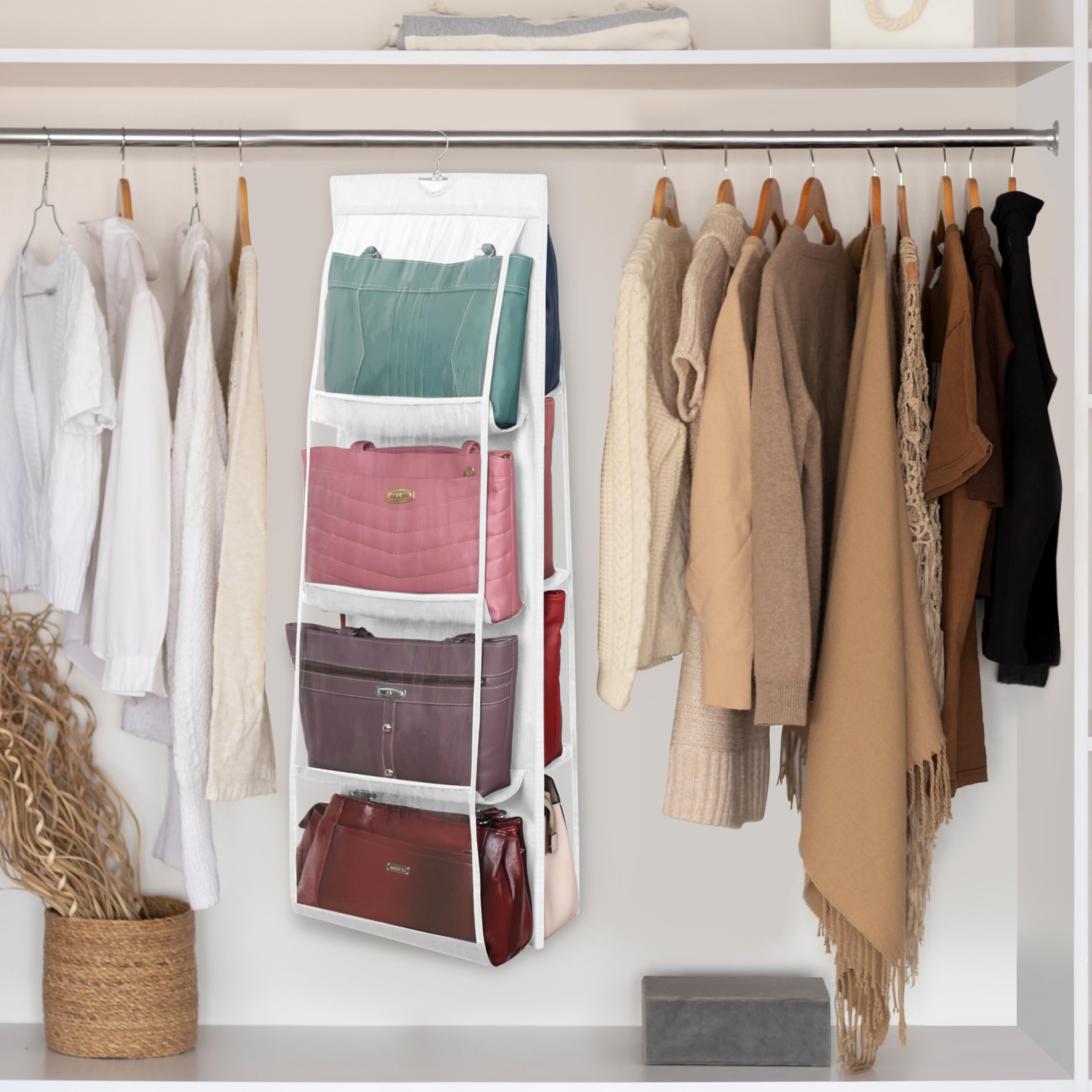 Winter Shore Organizador de Bolsos Colgantes, 8 Compartimentos (Pack de 2) | Organizador Blanco de Armarios Plegable para Bolsos de Diseño, Plástico Transparente y Gancho Galvanizado Gran Resistencia