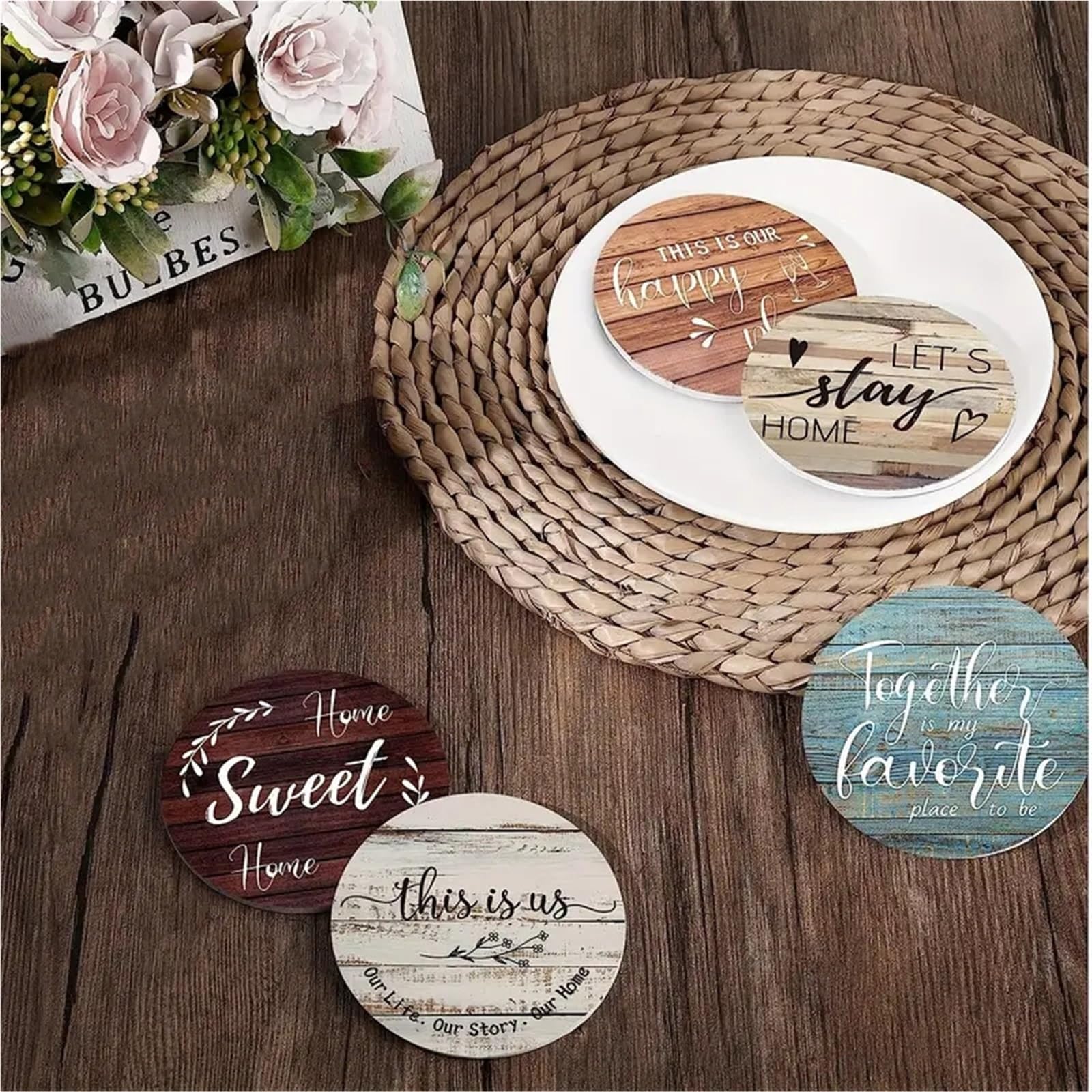Wooden Round Coasters 6Pcs/Set Simple Pattern Wooden Coaster Painting Kit