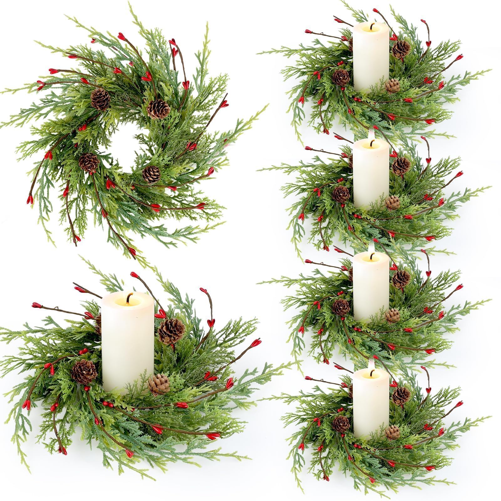 6 Pcs Artificial Christmas Candle Rings 9 Inch Cedar Pine Garland Wreaths with Red Berries Pinecones Wreaths Pine Needles Candle Ring Holder for Christmas Winter Decorations Table Centerpiece