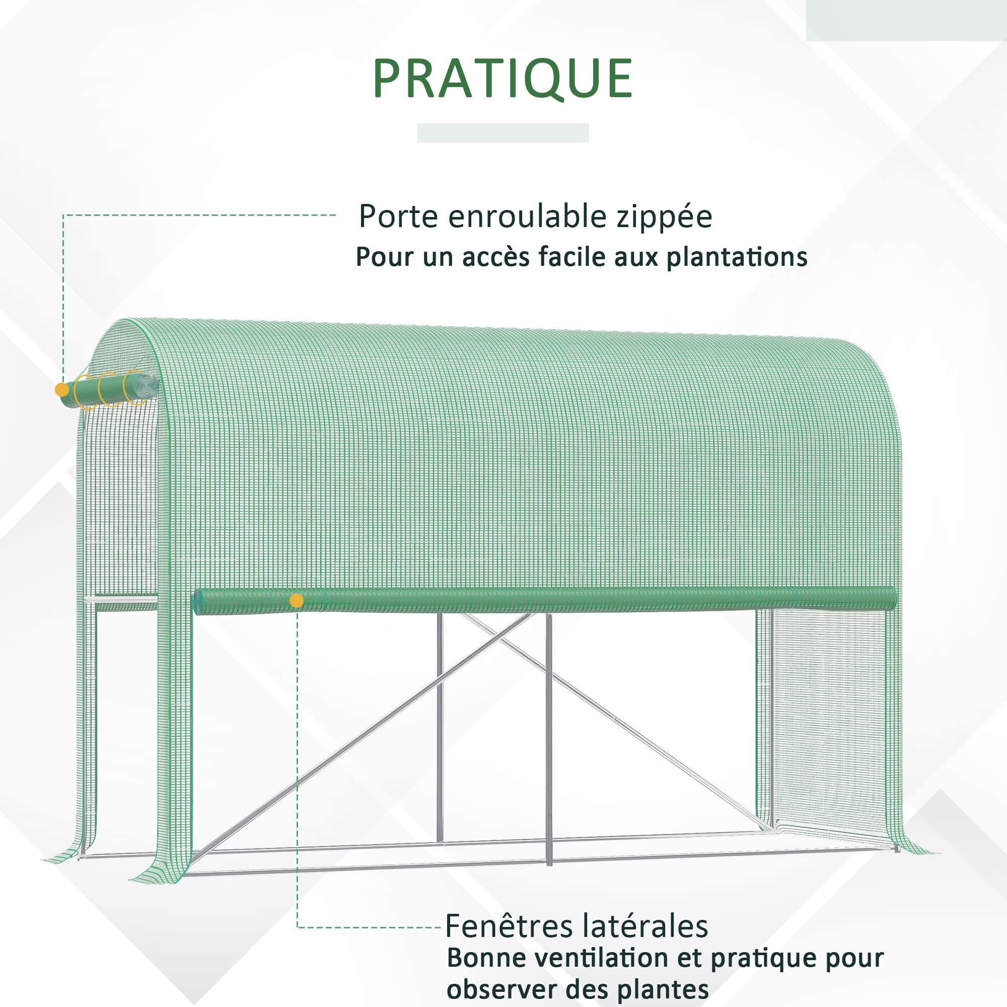 Outsunny Serre de Jardin 3m² Serre à tomates dim. 3L x 1l x 2H m Porte zippée déroulante 2 côtés enroulables Acier PE Haute densité Vert