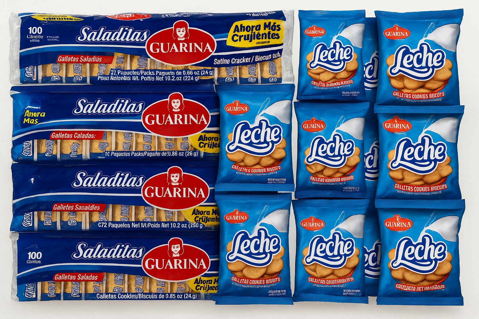 Guarina Crackers Variety Pack – Galletas Dulces con Leche 10 pack (1.40 oz) + Galletas Saladas 5 pack (288g) – Sweet & Salty Mix Bundle – Natural Milk & Vanilla Flavor – Snack Packs