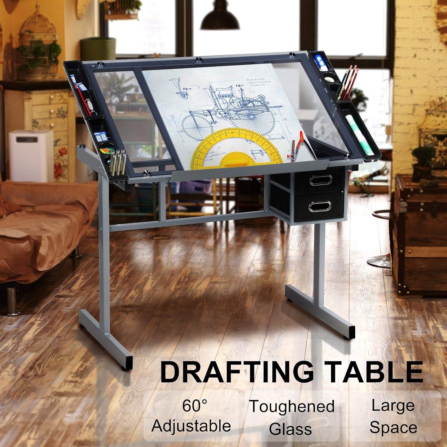 Topeakmart Glass Drafting Table Rolling Drawing Desk Artists Art Craft Desk w/2 Slide Drawers and Wheels for Home Office School