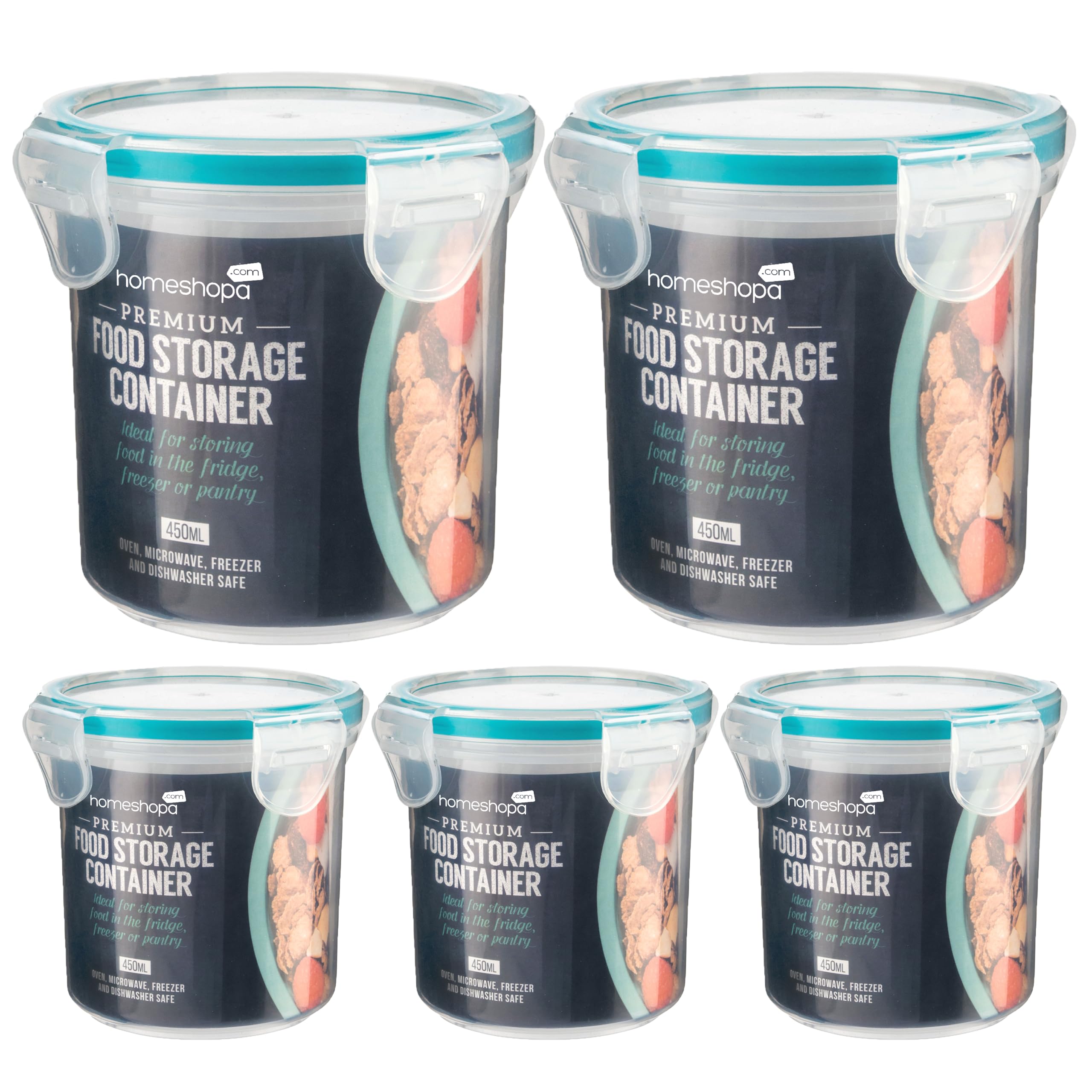 HOMESHOPA Round Food Storage Containers with Lids, 5 Pack 450ml Plastic Airtight & Watertight Leakproof Mason Jars for Overnight Oats with Locking Lid, BPA Free Microwave & Dishwasher Safe