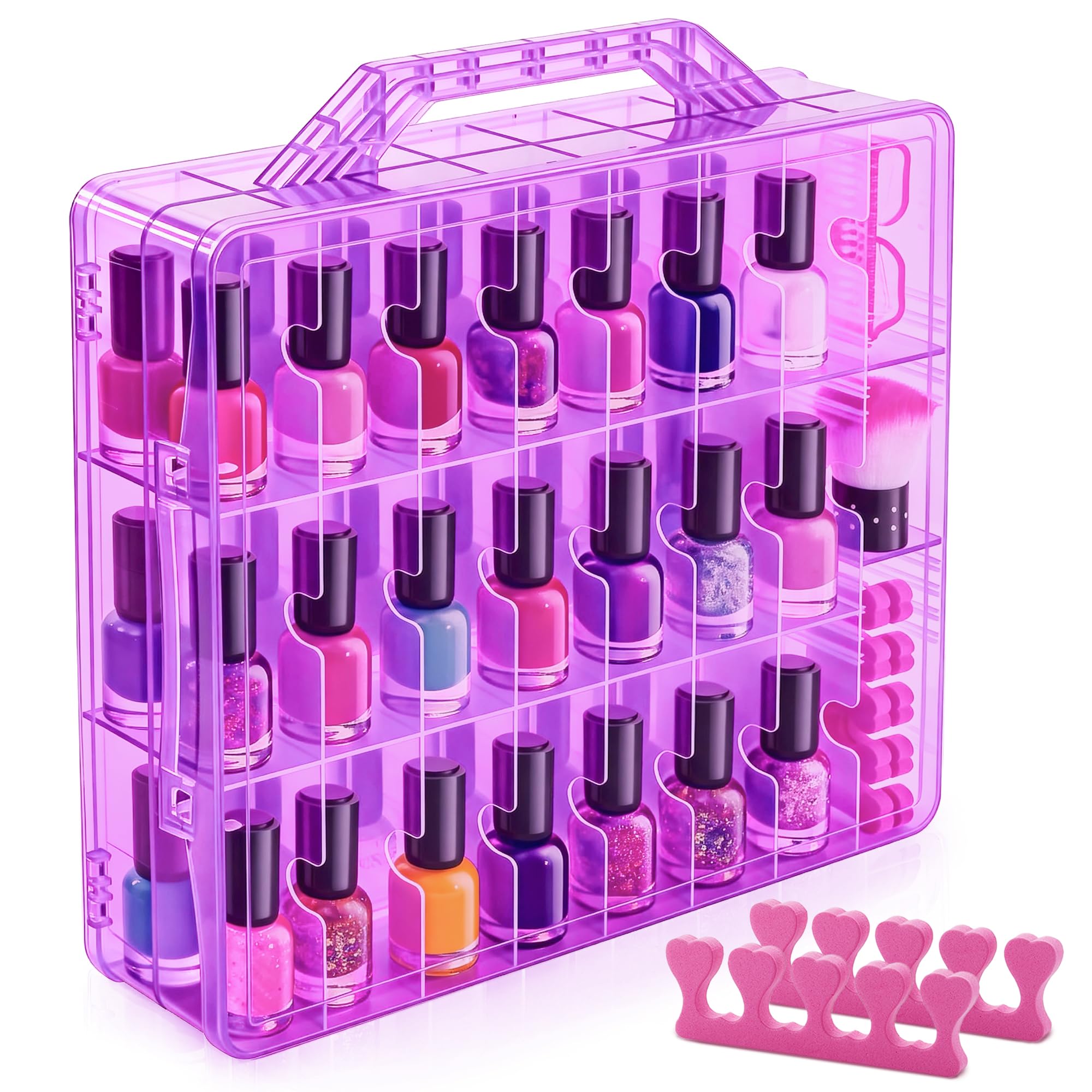 DreamGenius Nail Polish Organizer Case for 48 Bottles with 2 Nail Separators, Double Side Gel Nail Polish Holder with Adjustable Dividers, Purple