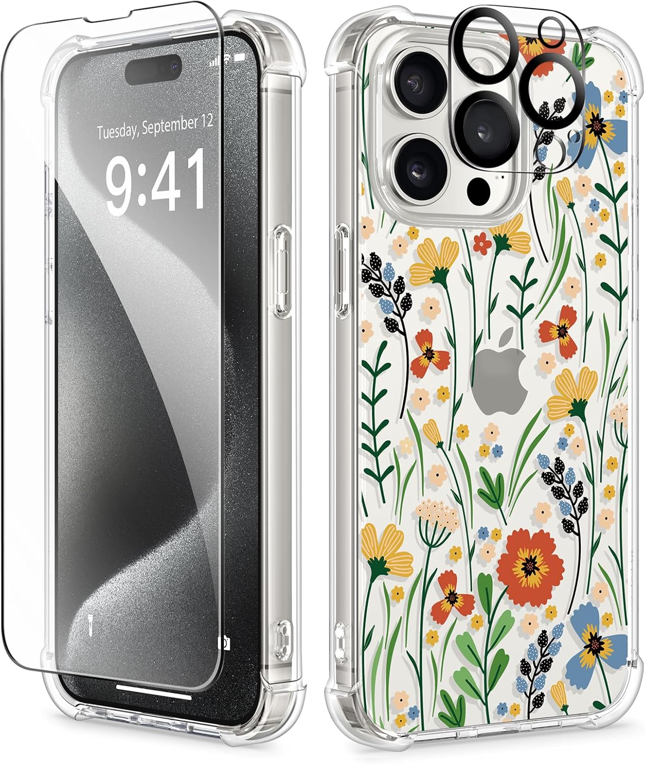 GVIEWIN for iPhone 15 Pro Max Case Floral,with Screen Protector & Camera Lens Protector, Hard PC + TPU Bumper Shockproof Protective Clear Flower Women Phone Cover 6.7″(Blooming Flowerets)