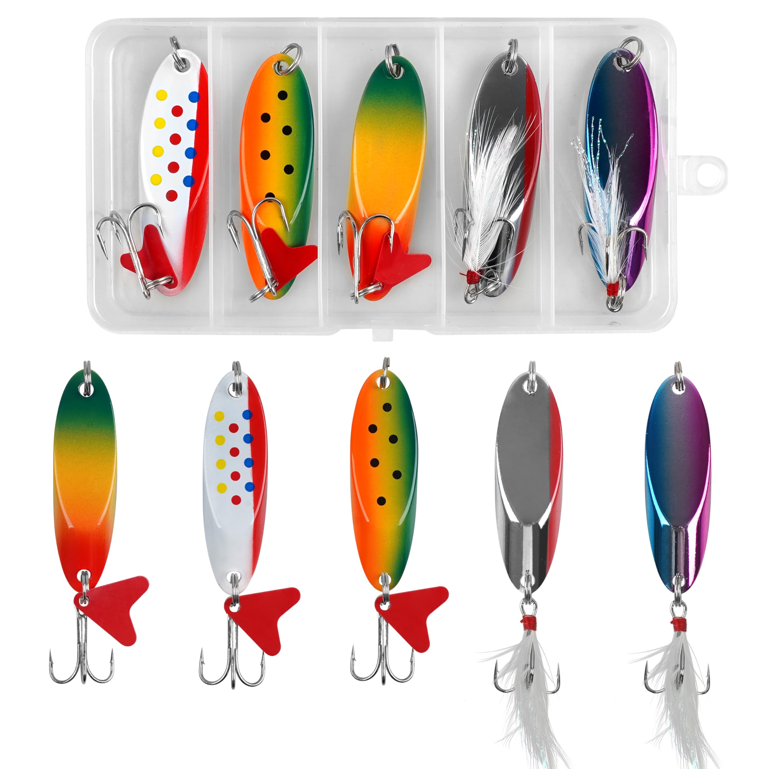 Fishing Spoons Lures Kit, 5pcs Colorful Metal Spoon Trout Fishing Lures with Treble Hook 3/16oz-1oz Jigging Bait for Trout Pike Bass Walleye