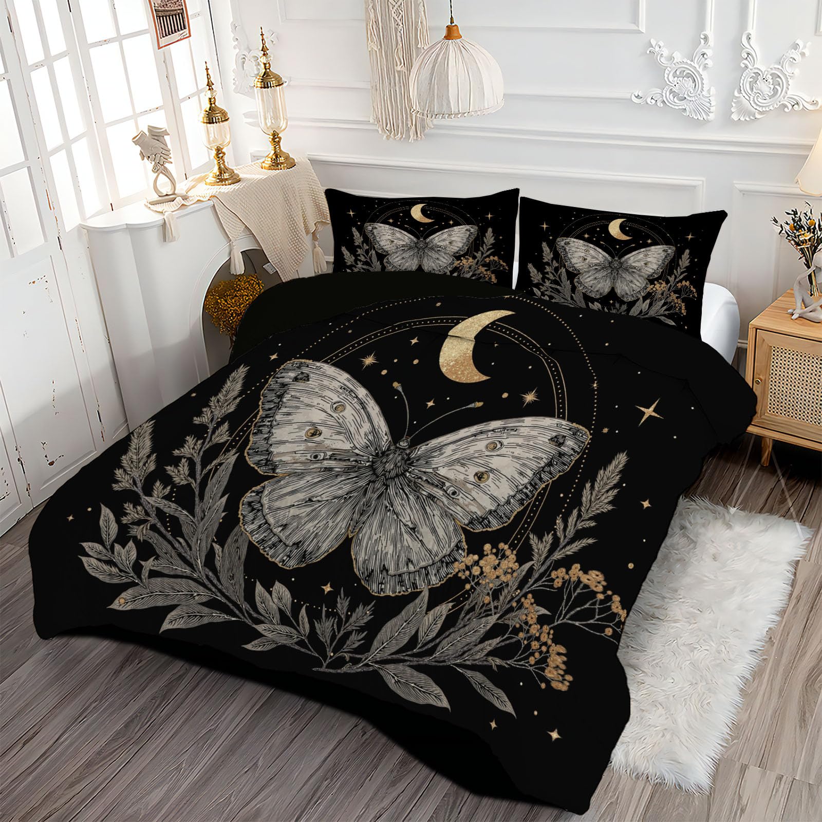 Trapunta Letto Matrimoniale 4 Stagioni Piumone per Bambini, Boemia La Falena Leggero Cielo Stellato Psichedelico Set di Biancheria da Letto 200x200cm con 2 Federe,Piumino Lavabile In Lavatrice