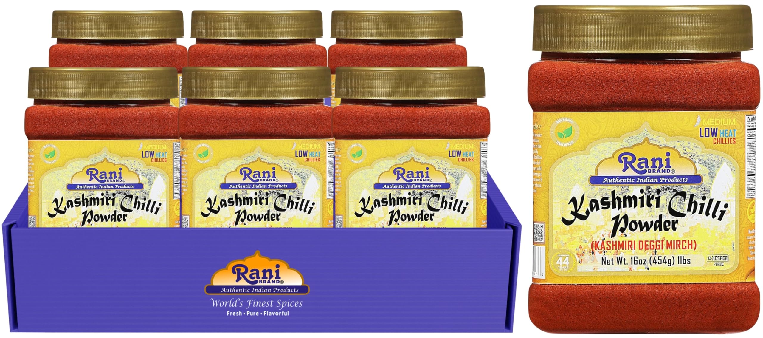 Rani Kashmiri Chilli Powder (Deggi Mirch, Low Heat) Ground Indian Spice 16oz (1lb) PET Jar, Pack of 6 ~ All Natural | Salt-Free | Vegan | No Colors | Gluten Friendly | NON-GMO | Kosher | Indian Origin