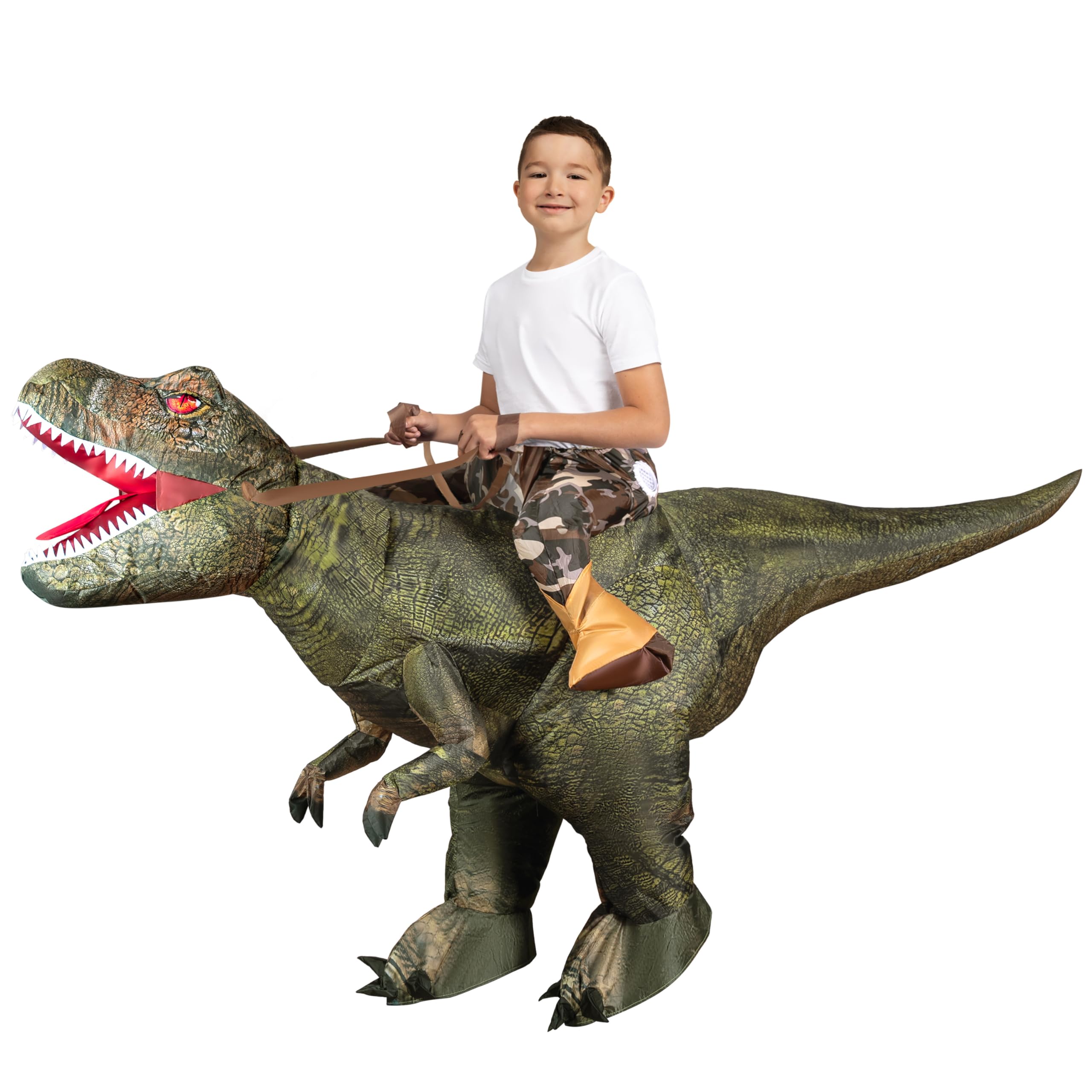 Spooktacular Creations T-Rex Nadmuchiwany kostium dla dzieci, zabawny kostium dmuchany powietrzem, druk cyfrowy, kostiumy do jazdy