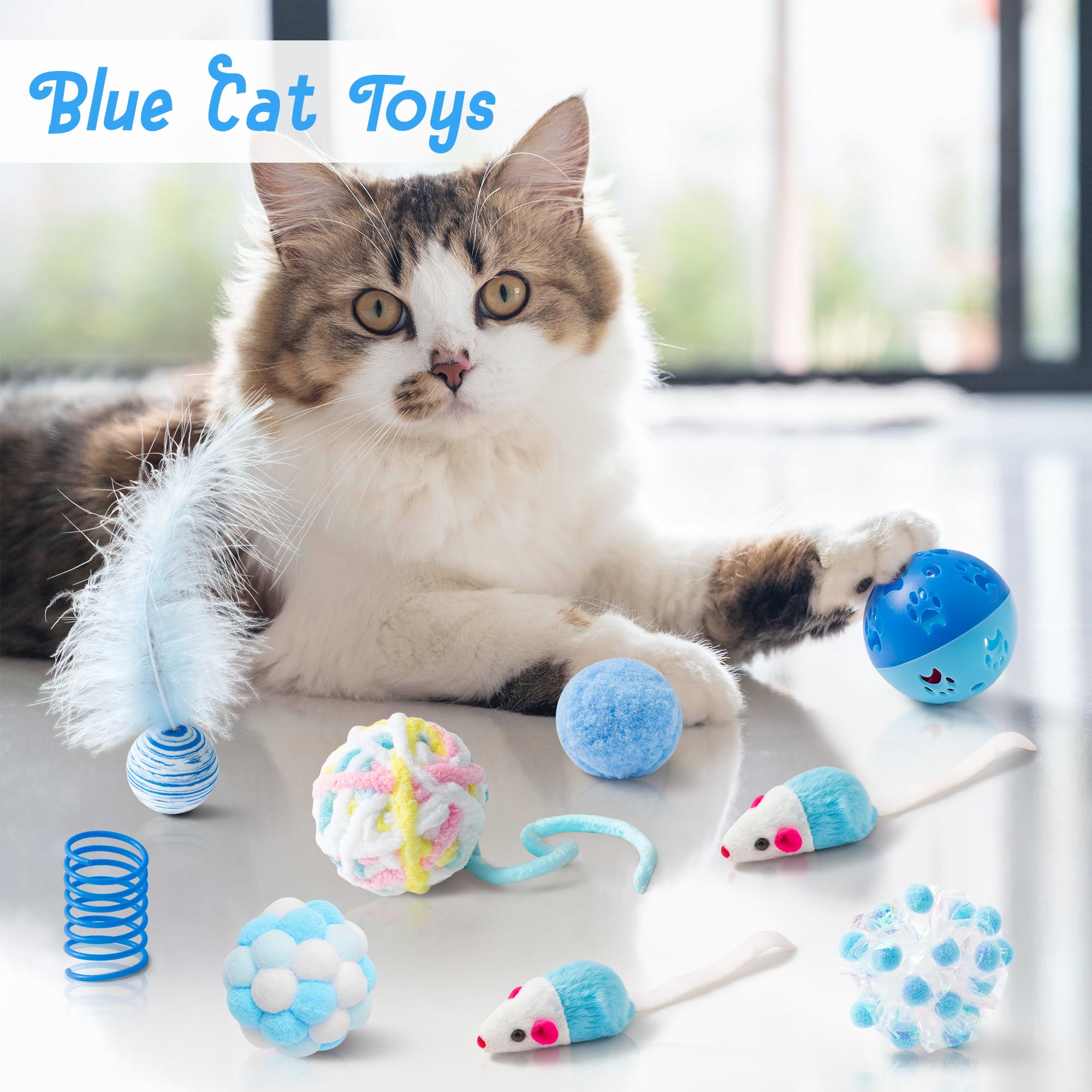 MALLMALL6 Juego de 10 juguetes para gatos que incluye resortes para gatos, varita de plumas, ratones, bolas arrugadas y bolas de campana para mascotas, rompecabezas interactivo para mascotas, paquete