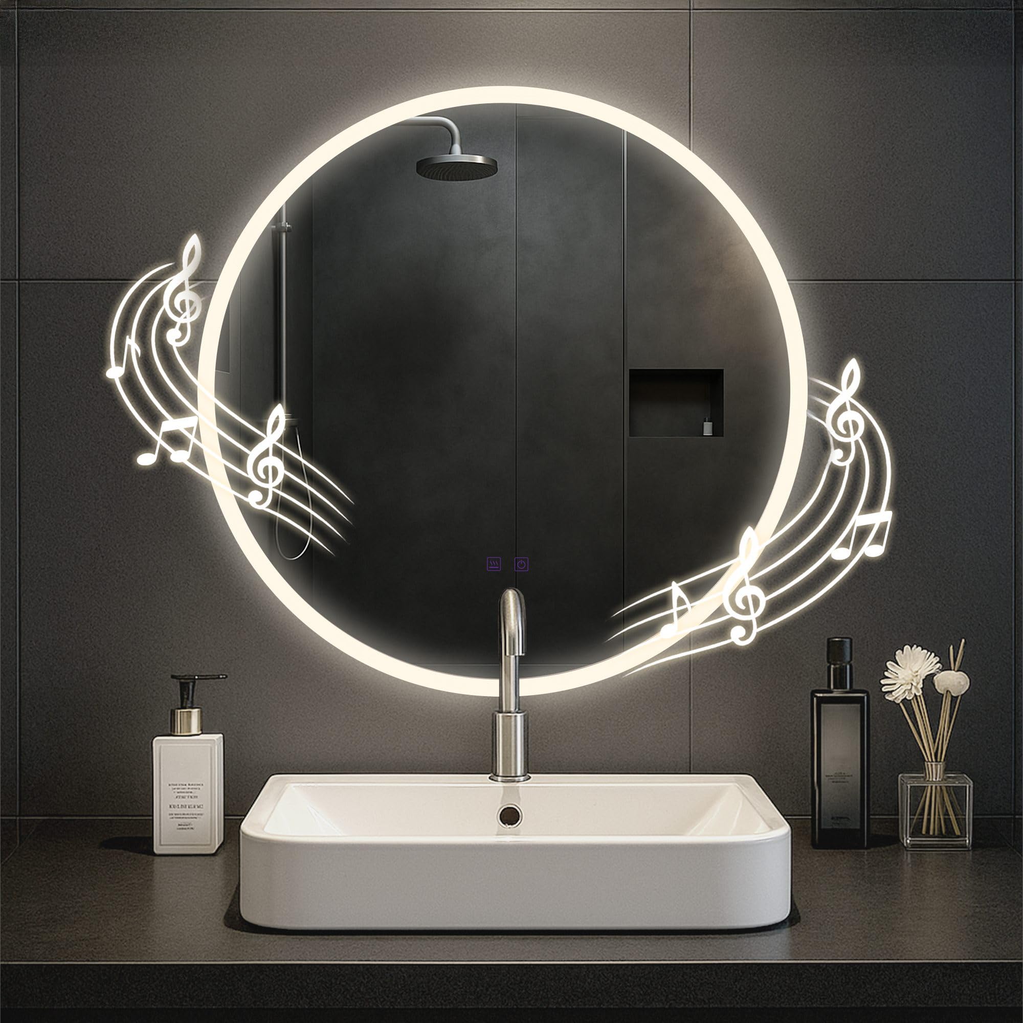 CLP Espejo de baño Laconia con iluminación, Altavoz Bluetooth, Espejo de baño antivaho, Espejo de Pared Redondo LED Regulable, Tamaño:Ø 70