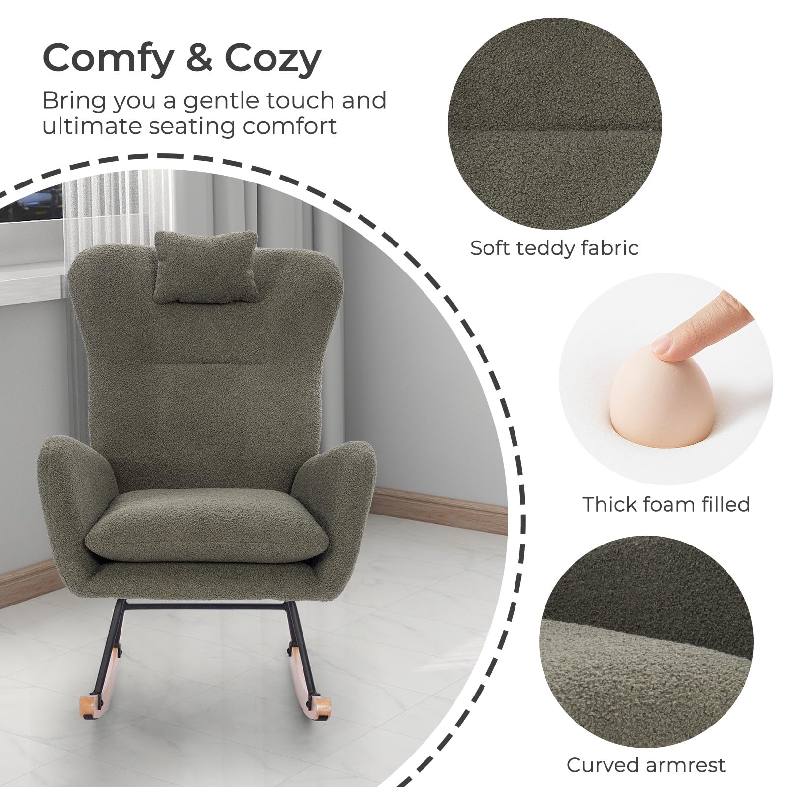 Cocket Unovivy Rocking Chair Nursery, Teddy Upholstered Nursing Armchair with ...