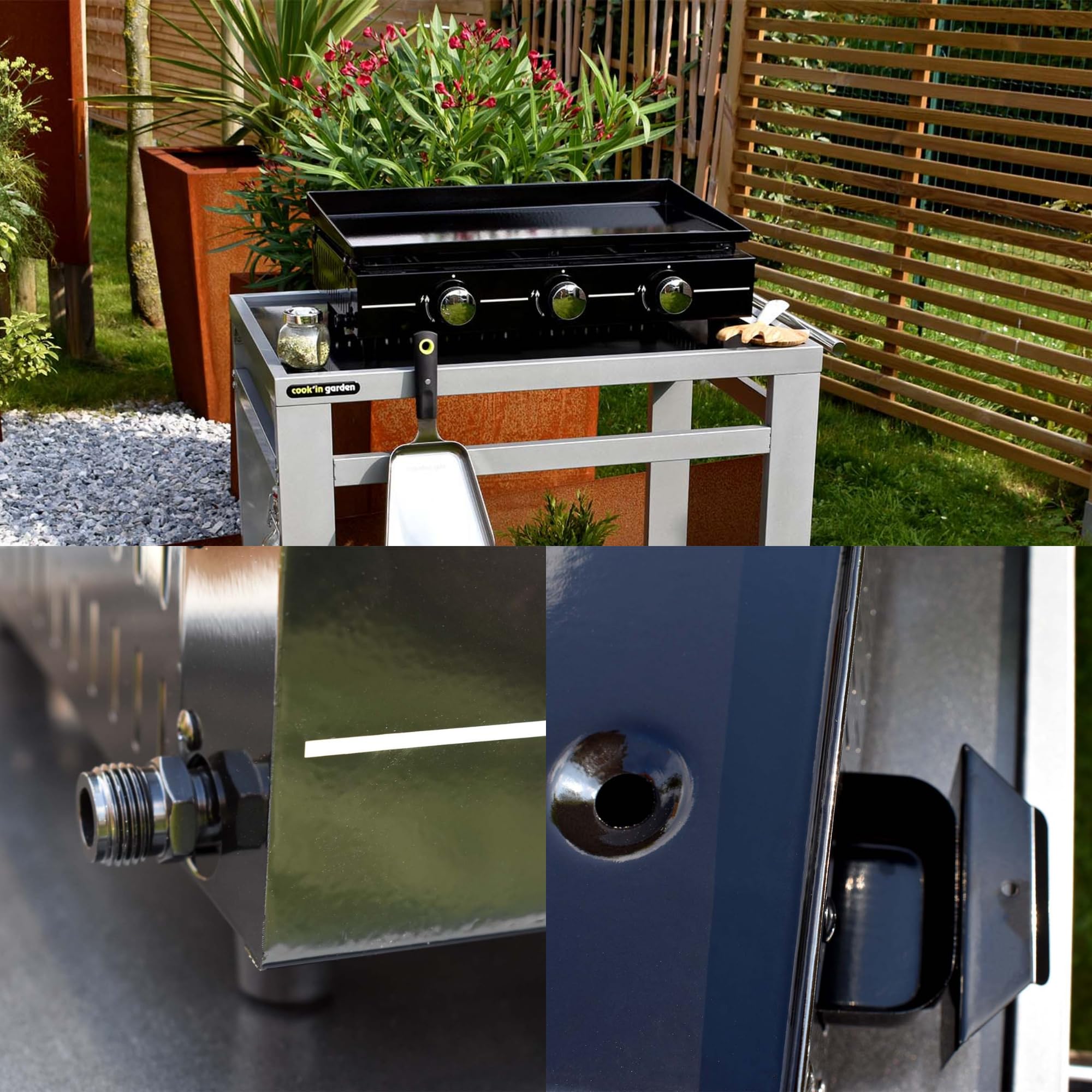 Cook’in Garden - Plancha Gaz Extérieur, 3 Brûleurs pour 10 Personnes, Plaque en Acier Émaillé Antiadhésif, Bac Récupérateur de Graisse Amovible, Idéal Terrasse et Jardin