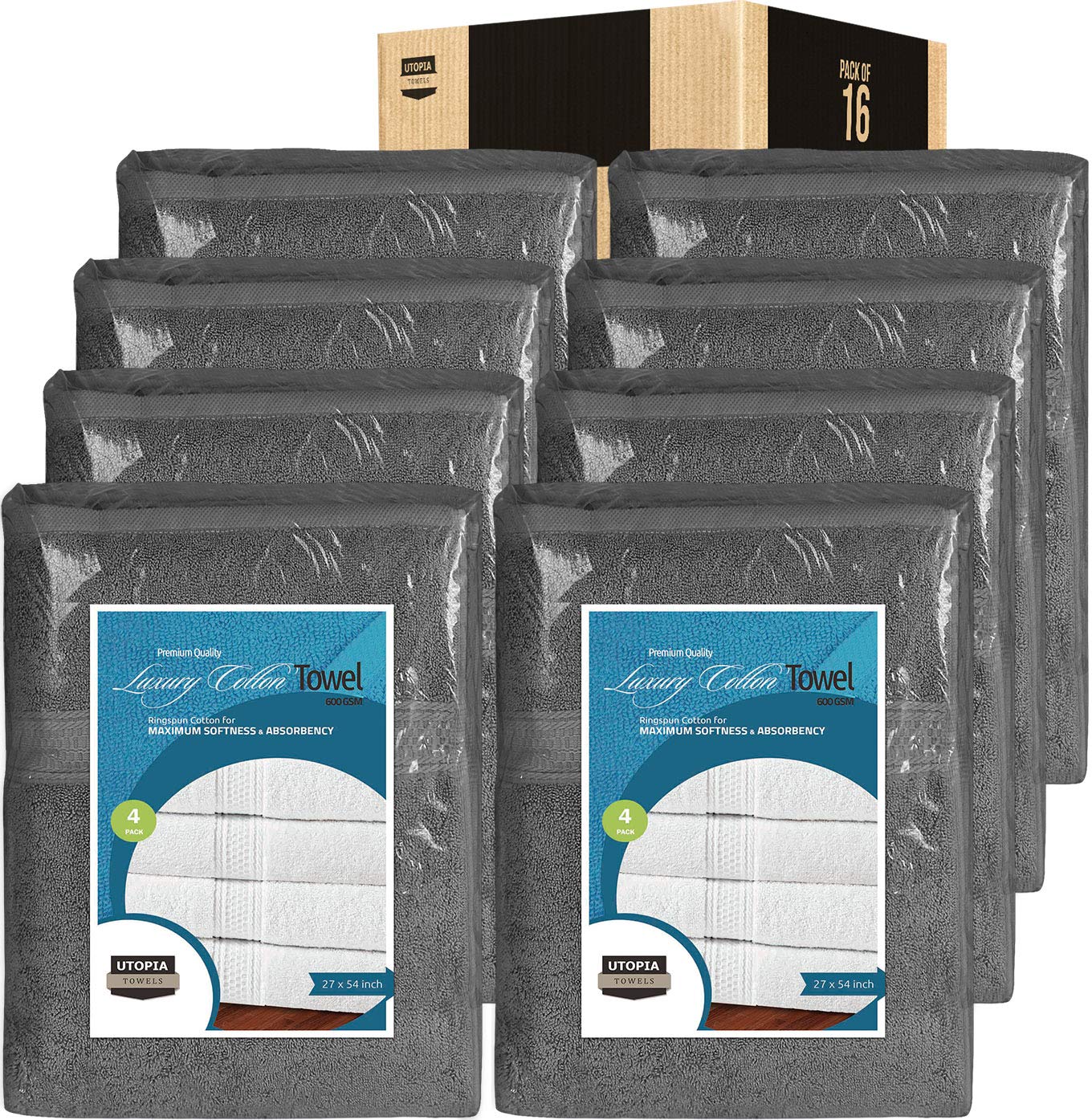 Utopia Towels - 16 Piece Bath Towels Set (69 x 137 CM) - Premium 100% Ring Spun Cotton - Quick Dry, Highly Absorbent, Soft Feel Towels, Perfect for Daily Use (Grey)