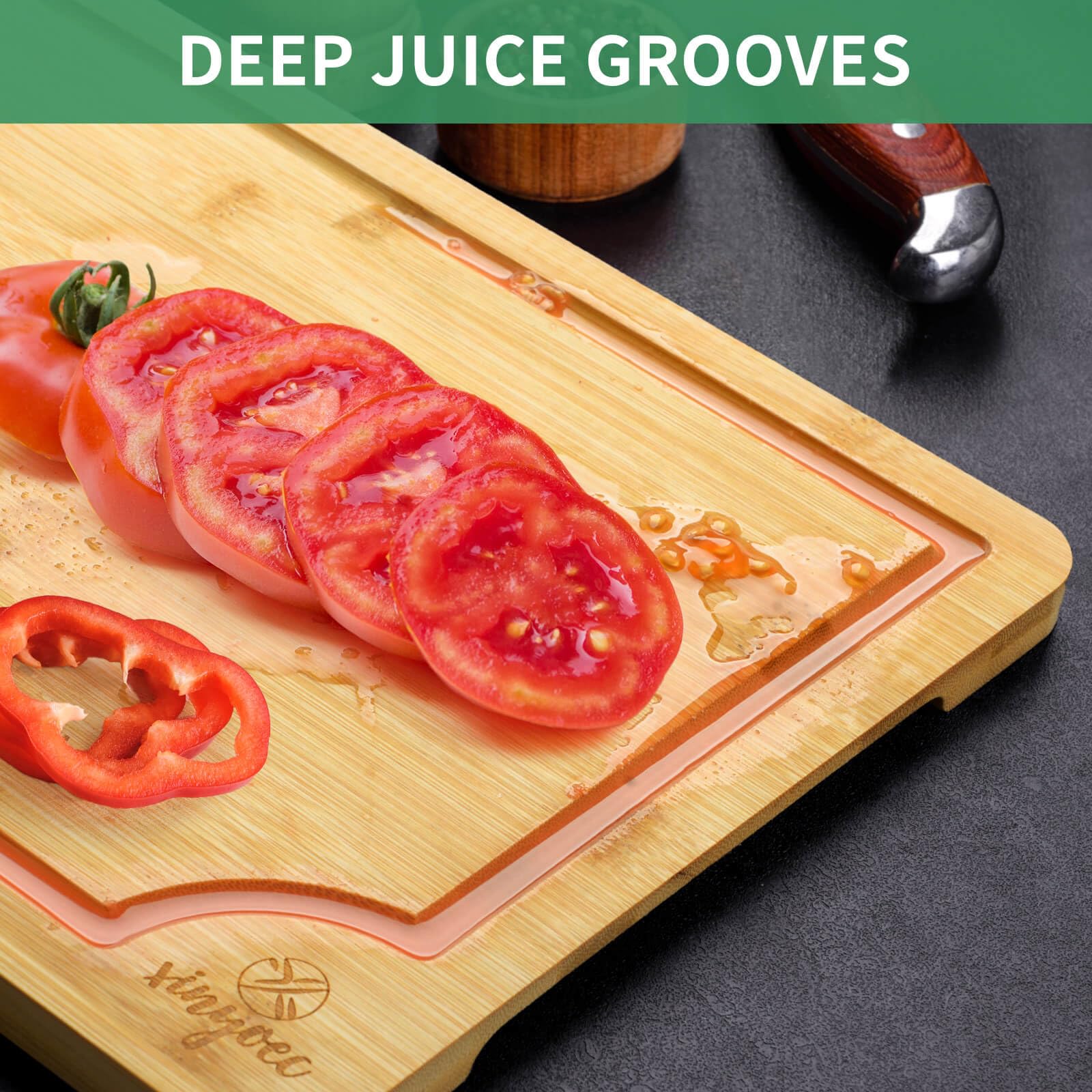 Juego de tablas de cortar de bambú para cocina, juego de 3 tablas de cortar con ranura y estante para tabla de cortar, ideal para cortar carne, verduras, frutas, queso