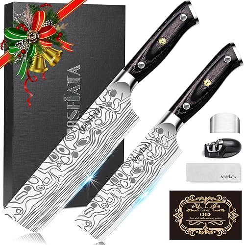 MOSFiATA Nakiri - Cuchillo de cocina de 7 pulgadas, cuchillo de cocina de acero inoxidable de alto carbono 5Cr15Mov con mango ergonómico de madera
