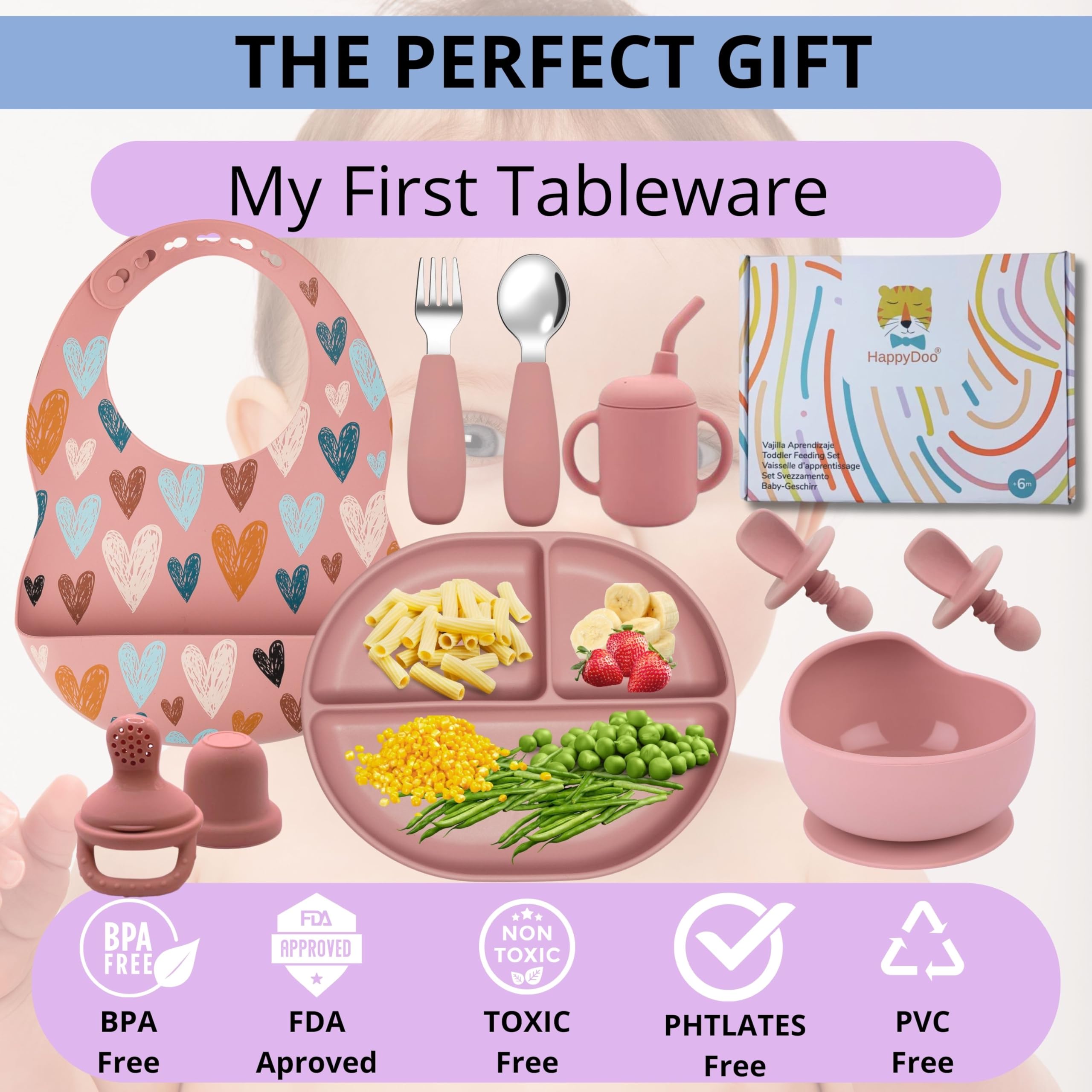 HappyDoo - Coffret Repas Bébé 12 Pièces | Assiette Ventouse | Couverts | Bavoir | Bol | Tasse | Cadeau Pratique Sans BPA