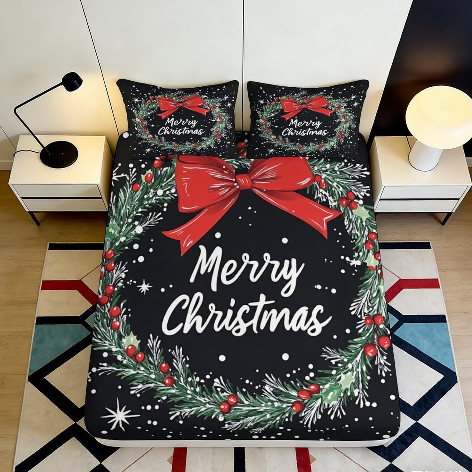 Pnayamiorkfel Style-1 3D Printed Christmas Wreath Fitted Sheet Microfiber Soft Red Bow Bed Cover For Bedroom Guest Room Mattress Protection Decor 90X200x25cm