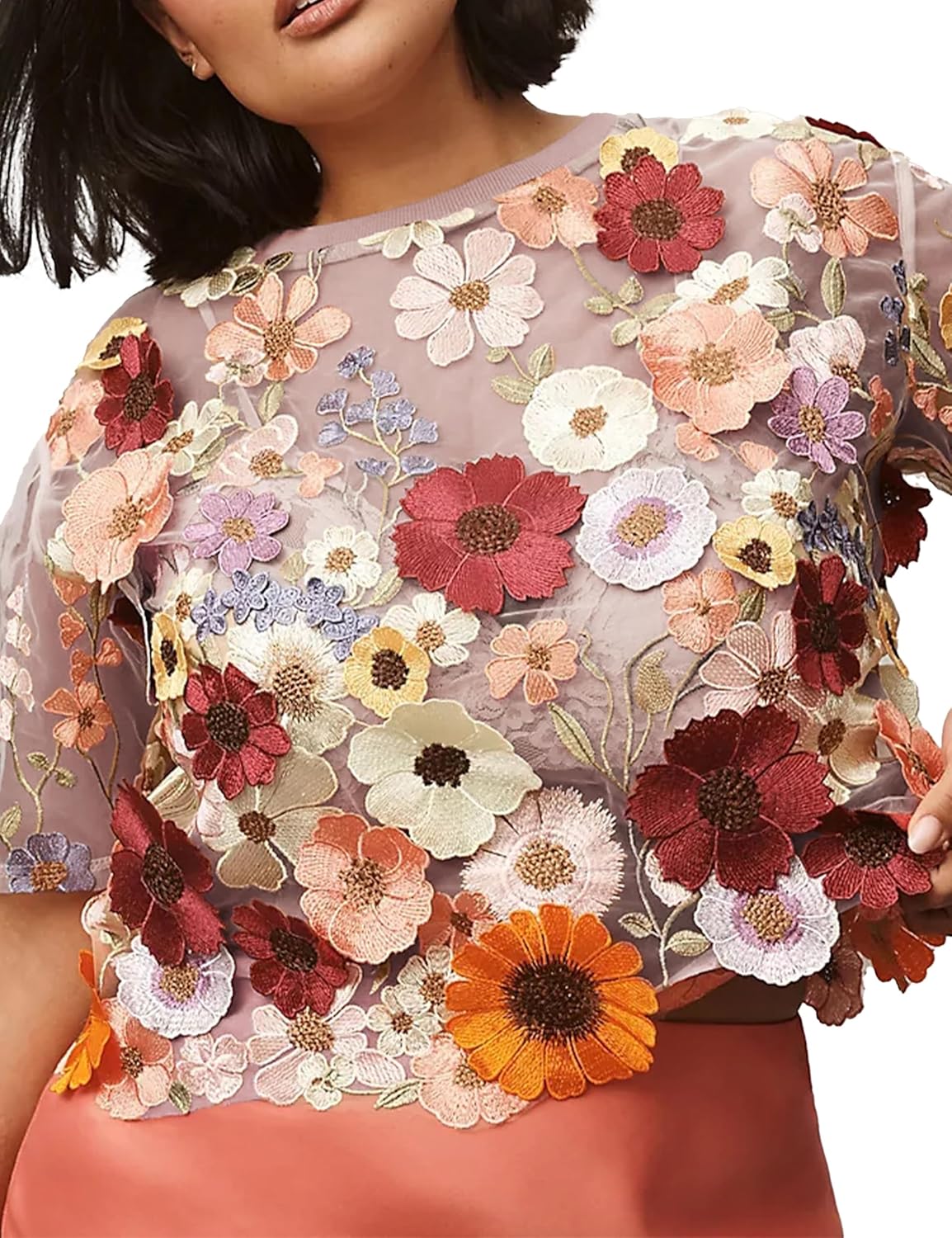 Women's Embroidered 3D Floral Blouse Short Sleeve Crew Neck Sheer Lace Tee Shirts