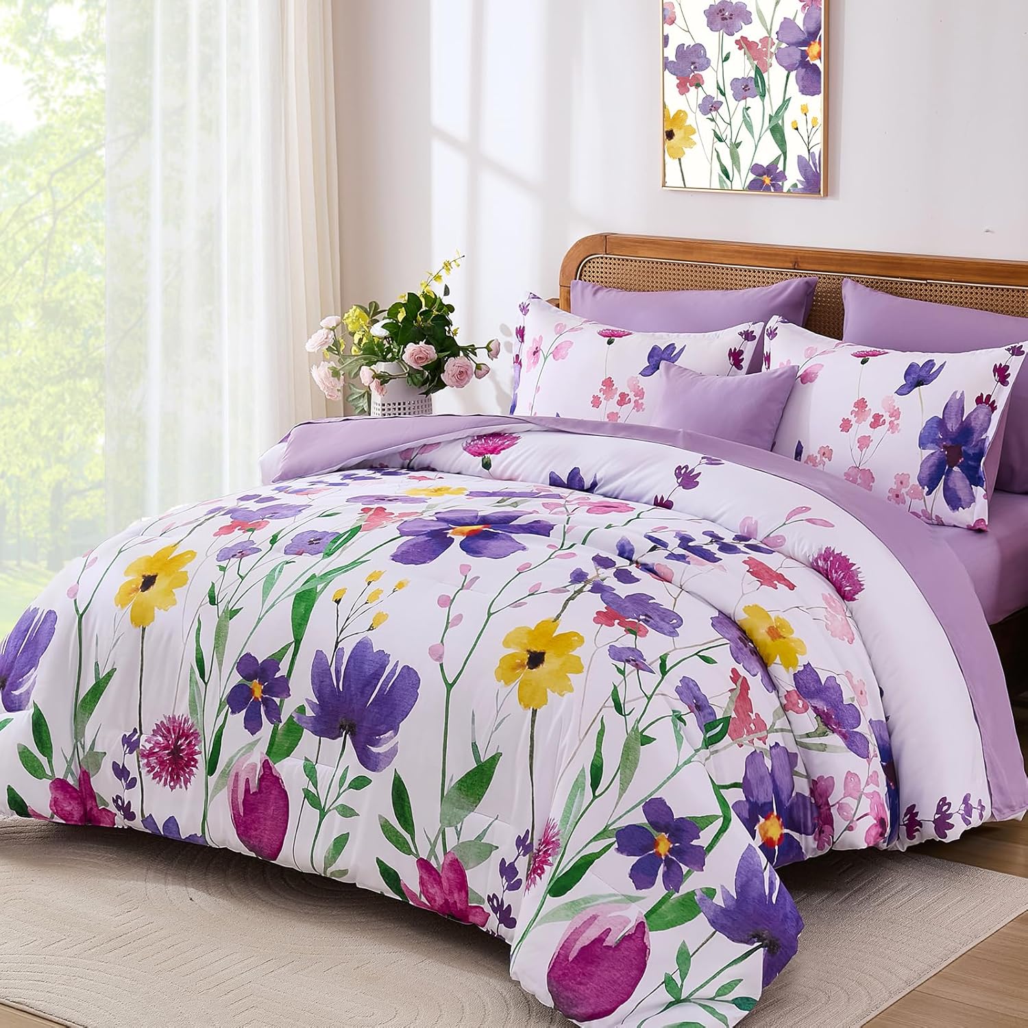 Annibedding Purple Queen Comforter Set, 8 Pieces Soft Microfiber Floral Bed in a Bag Comforter Bedding Set with Pillowcase and Sheets for All Season(90"x90") - Image 2